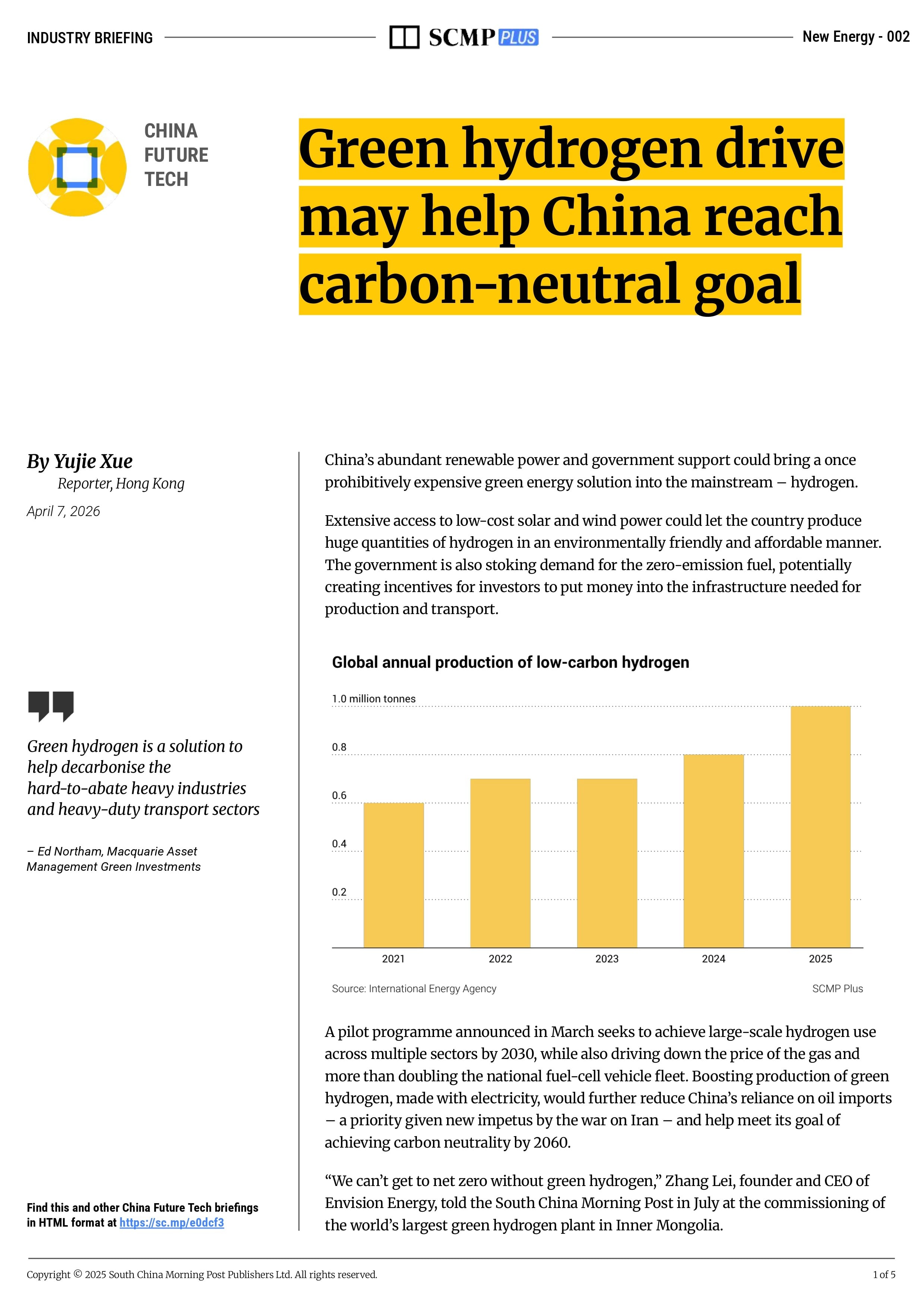 Green hydrogen drive may help China reach carbon-neutral goal