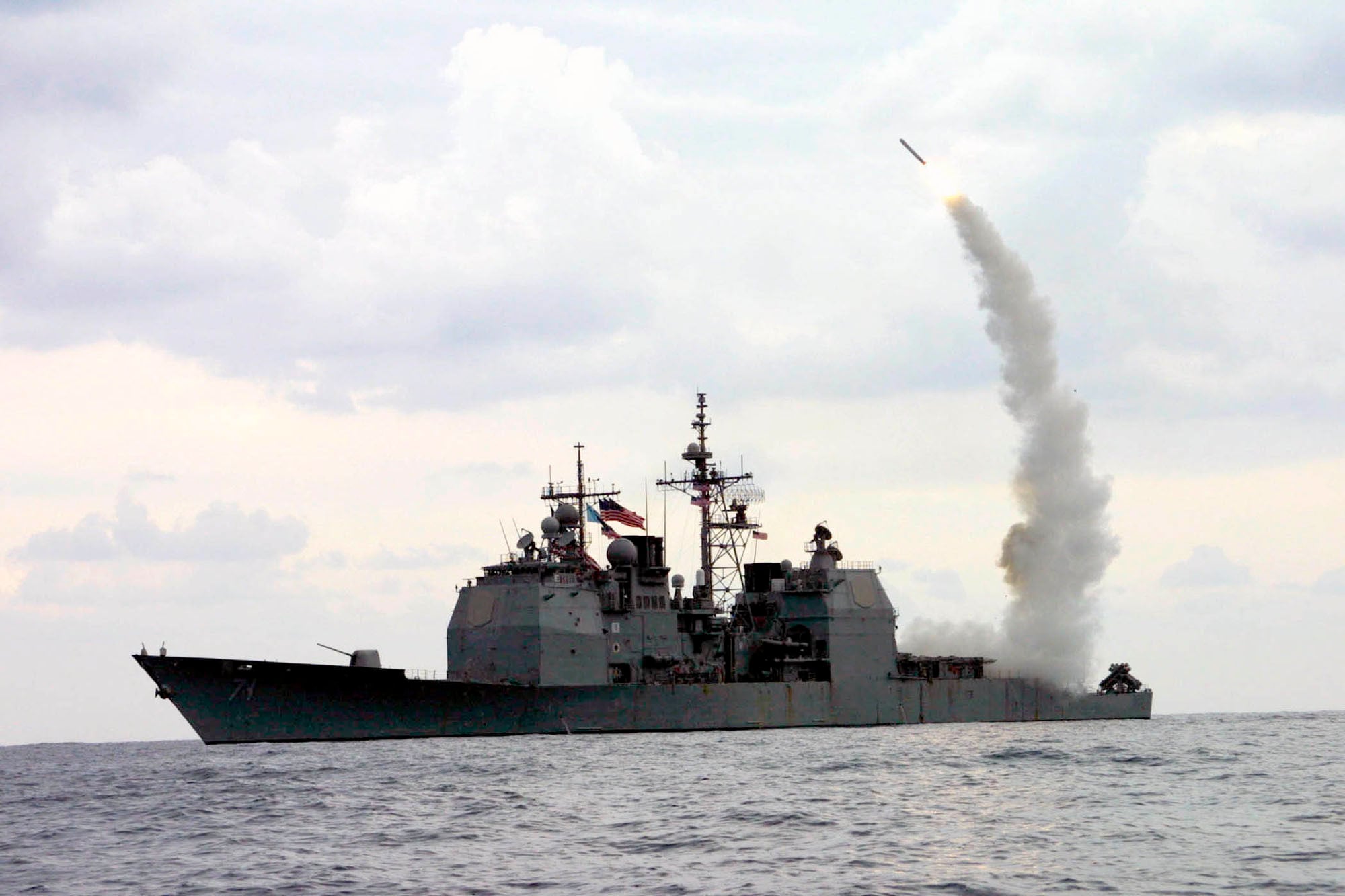 A Tomahawk missile launches from a US guided missile cruiser in the Mediterranean Sea in 2003. Photo: US Navy via AP