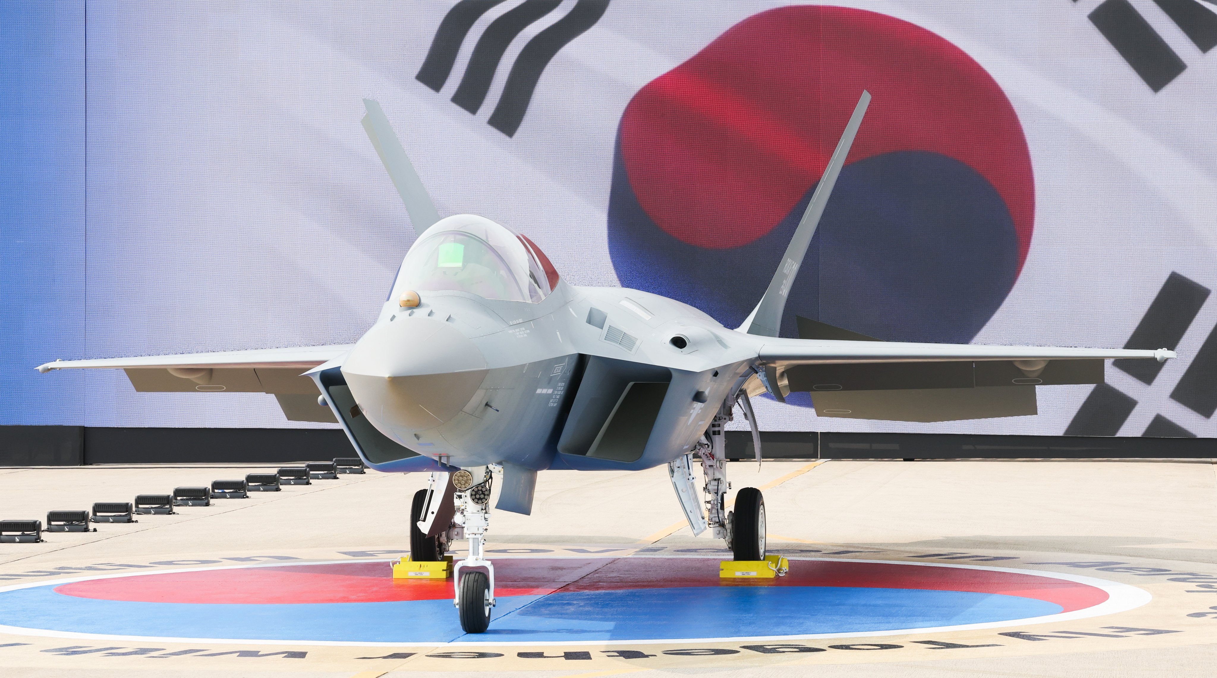 The first mass-produced KF-21 fighter jet is unveiled during a ceremony at the headquarters of Korea Aerospace Industries in Sacheon on March 25. Photo: Yonhap/EPA