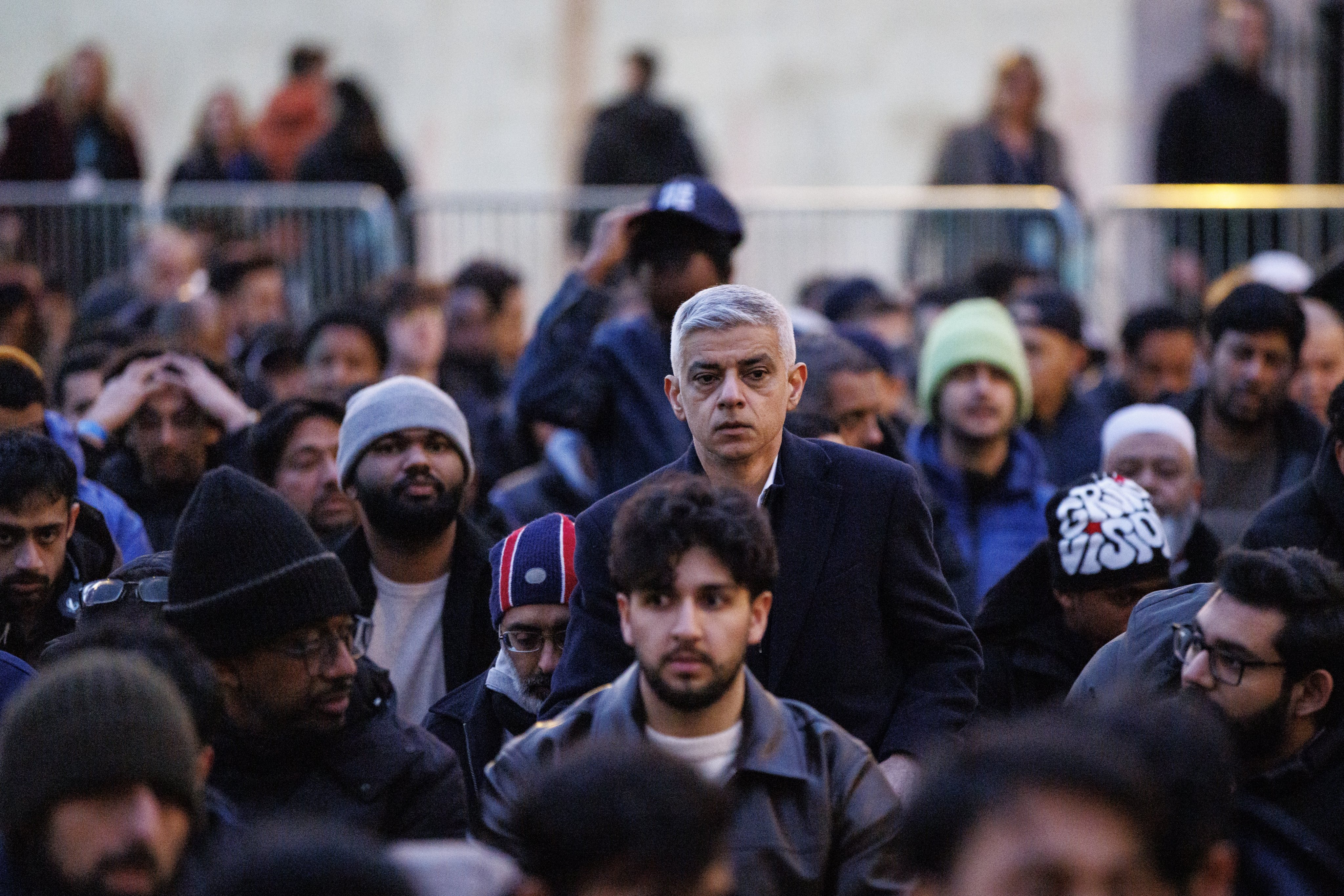 Mayor of London Sadiq Khan (centre) joins a prayer at a Ramadan dinner event at Trafalgar Square on March 16. Photo: EPA
