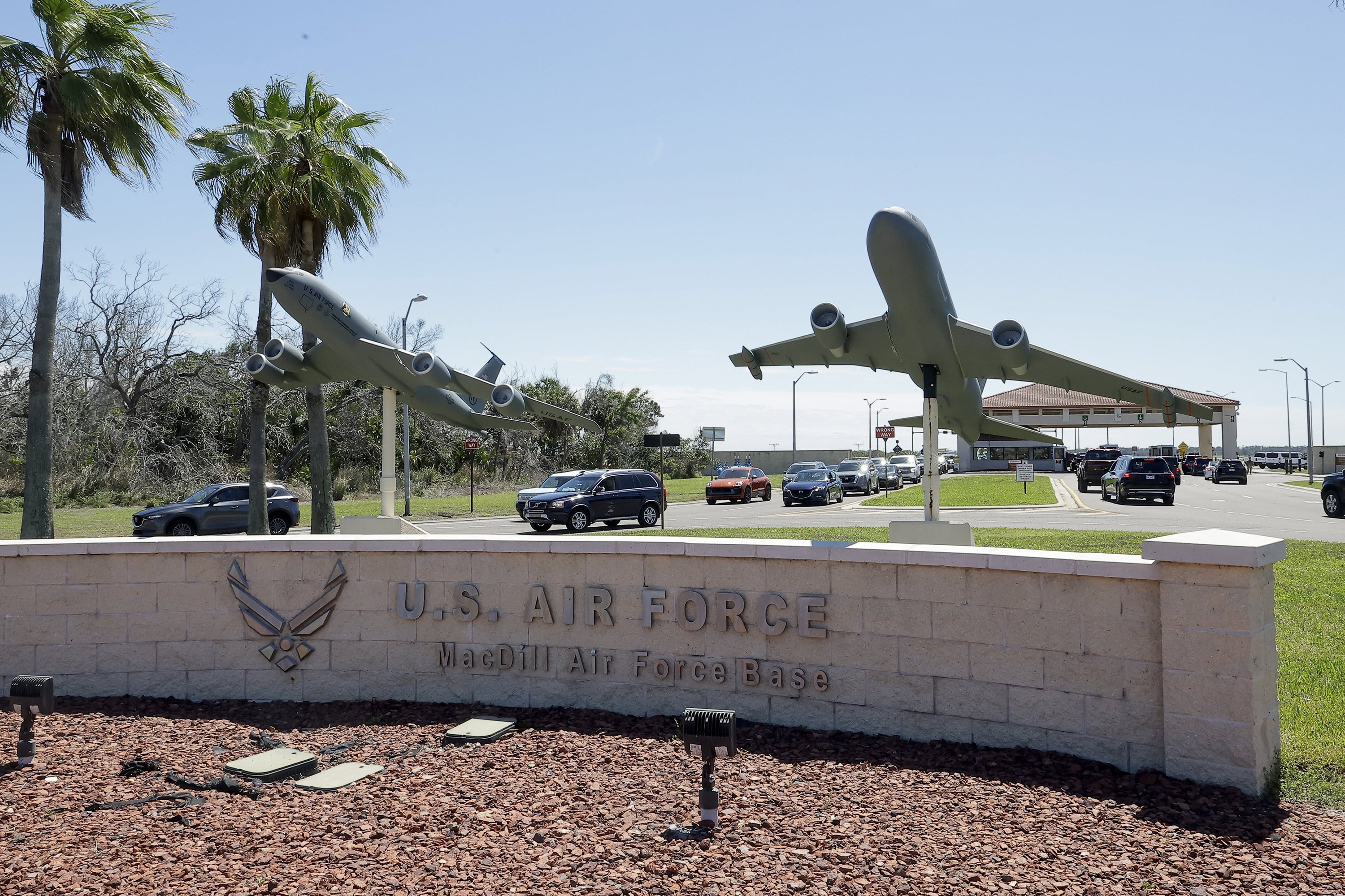 Drivers pass through a security checkpoint at MacDill Air Force Base in Tampa, Florida, in March. Photo: TNS