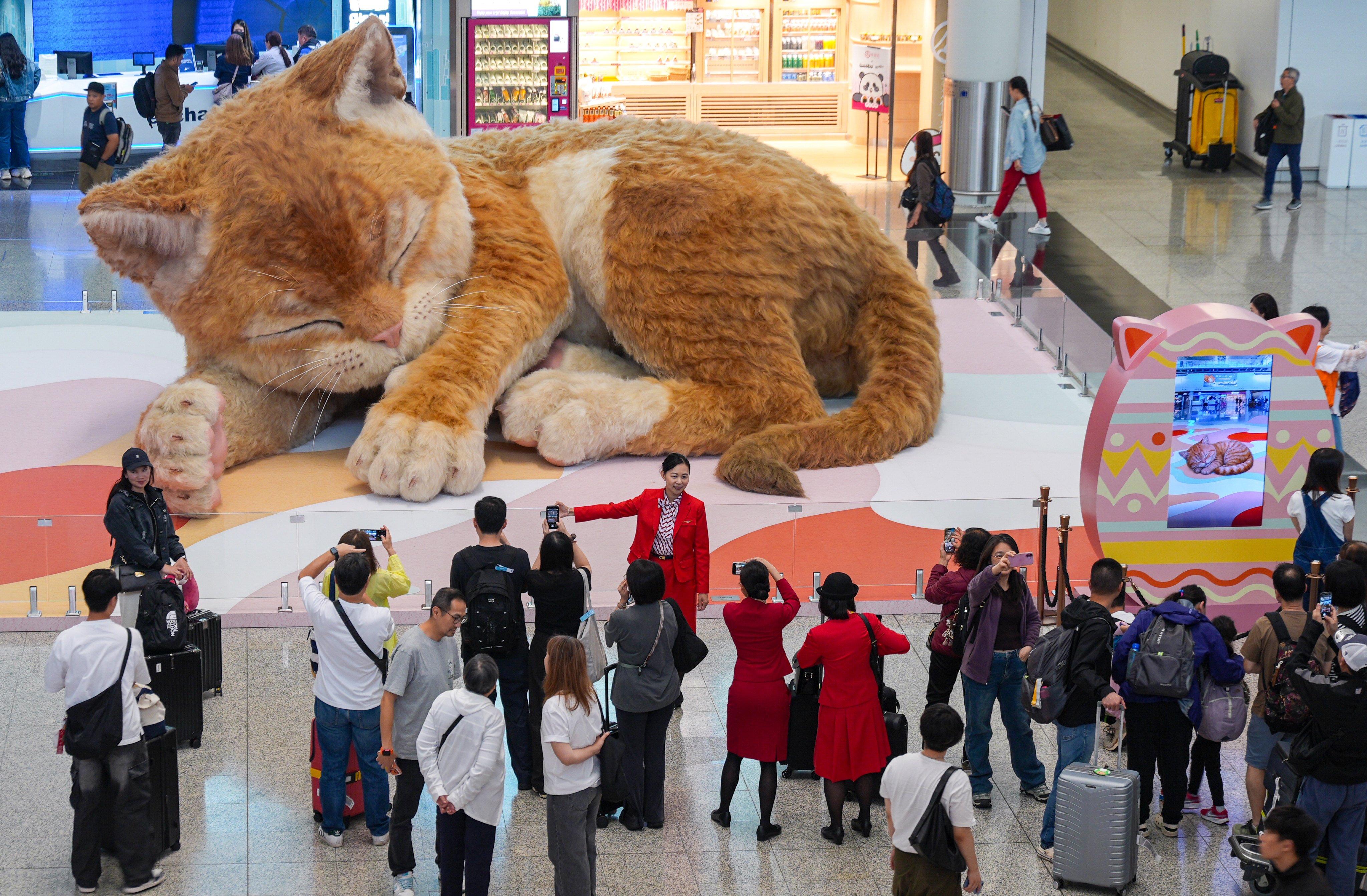 ‘A Moment to Purr’, a giant interactive cat art installation, is located at the arrivals hall of Terminal 1 at Hong Kong International Airport. Photo: Eugene Lee