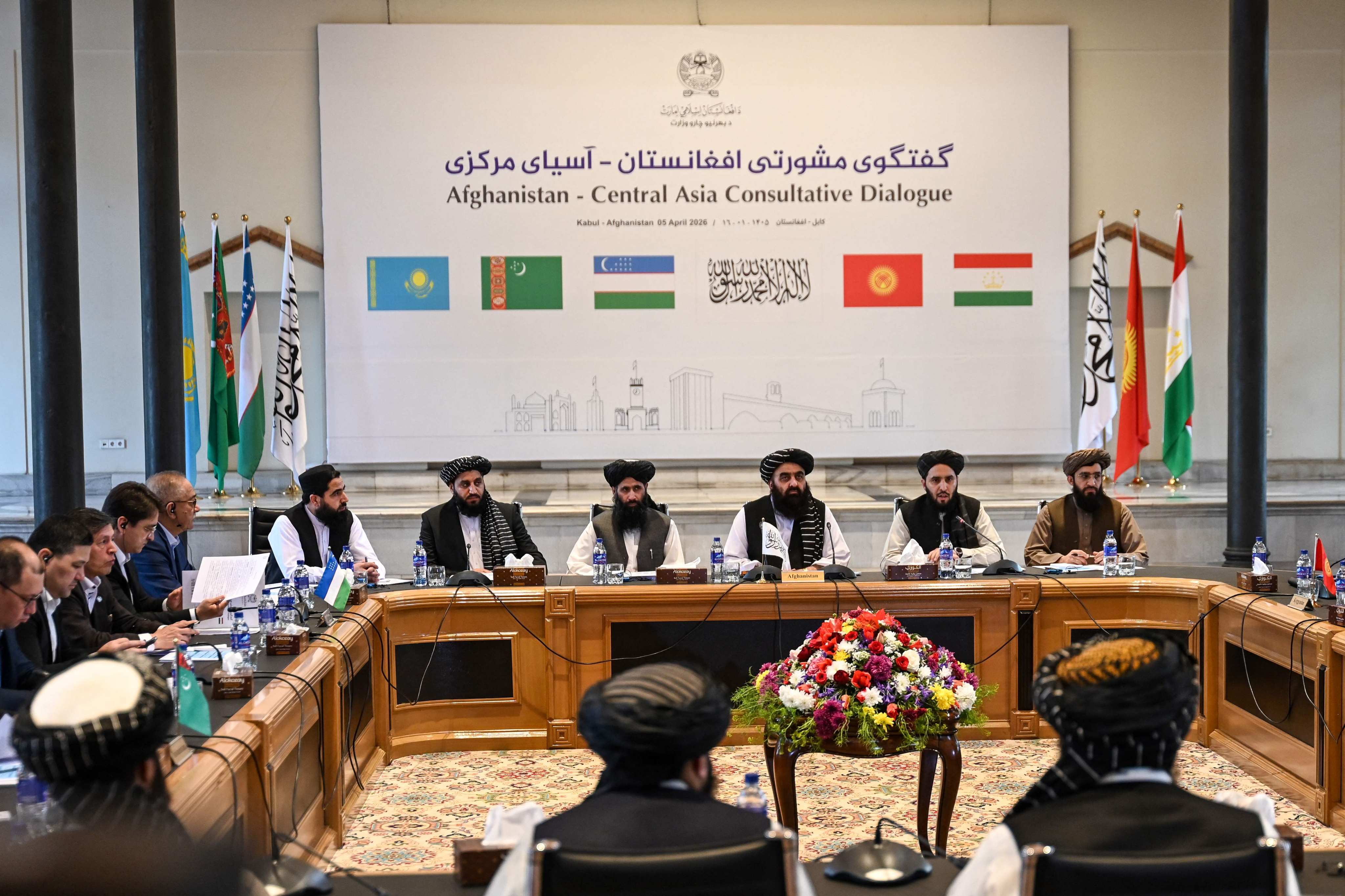 Afghanistan’s Foreign Minister Amir Khan Muttaqi (centre, back), along with representatives from Central Asian states, takes part in the Afghanistan-Central Asia Consultative Dialogue at the Foreign Affairs Ministry in Kabul on Sunday. Photo: AFP