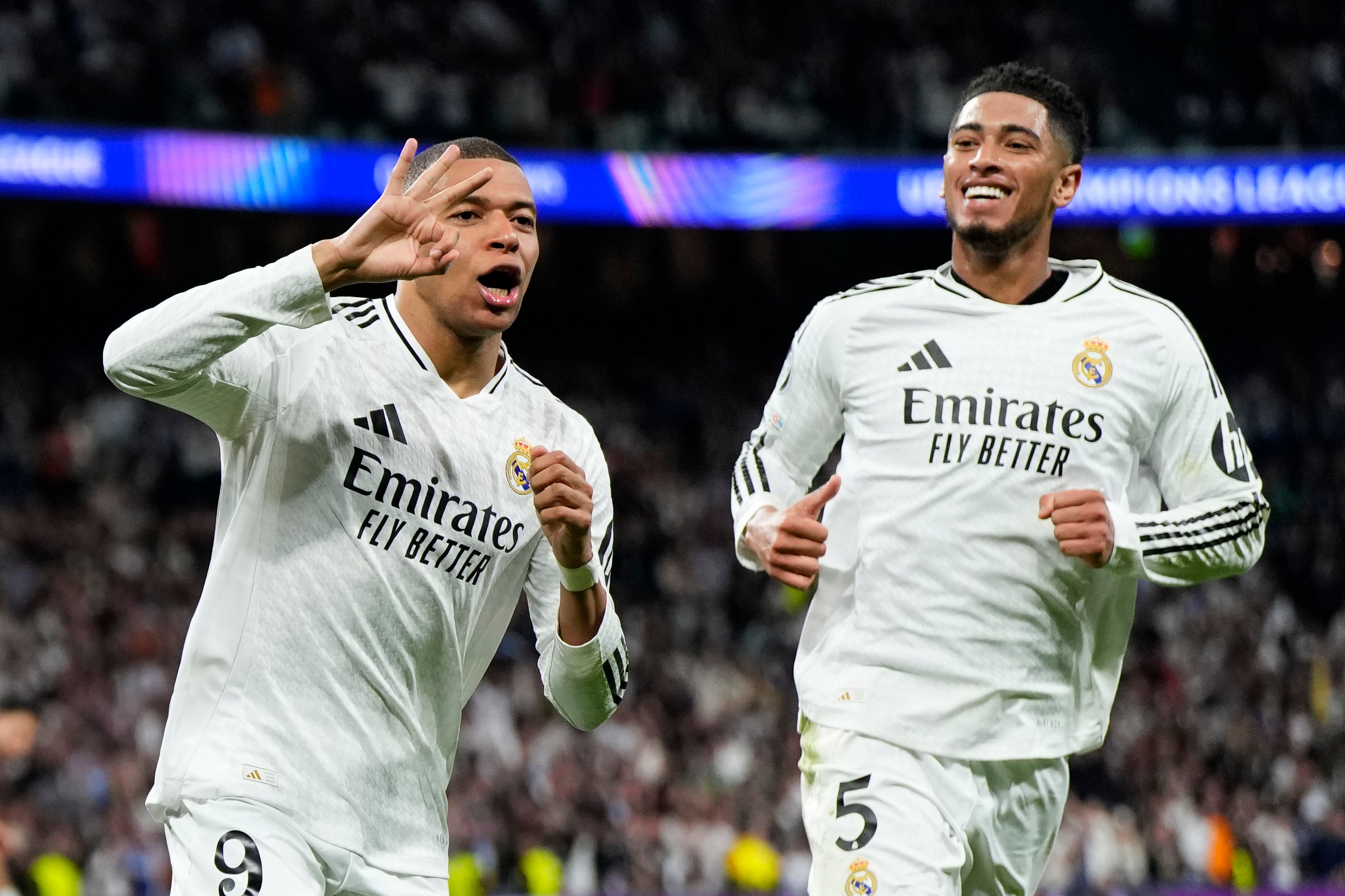Real Madrid stars Kylian Mbappe (left) and Jude Bellingham produced some of their best form  in the previous round to demolish Manchester City at the Bernabeu Stadium. Photo: AP