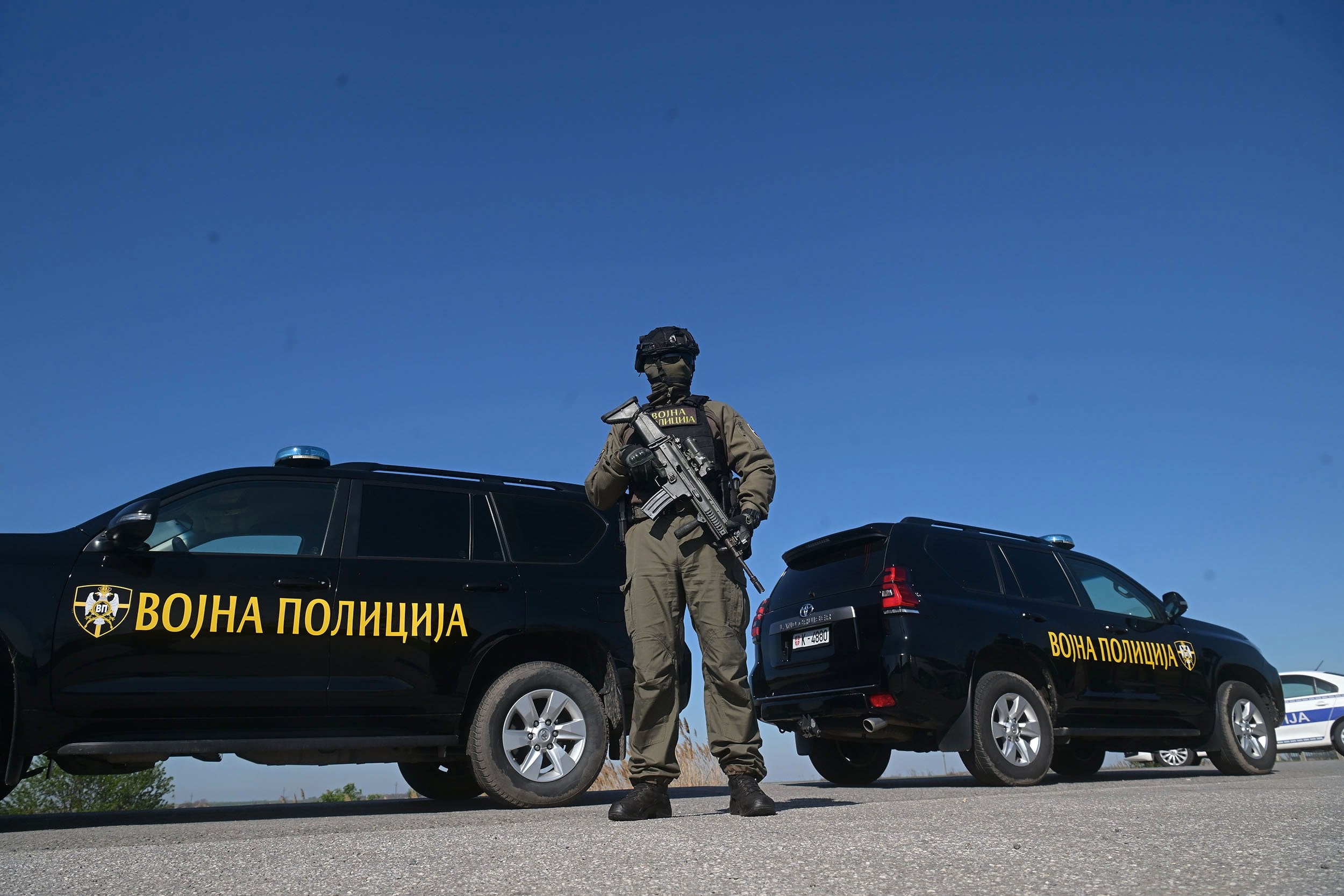 Serbian military police block a road after explosives were discovered near the international gas pipeline connecting Serbia and Hungary. Photo: Serbia’s Ministry of Defence via EPA