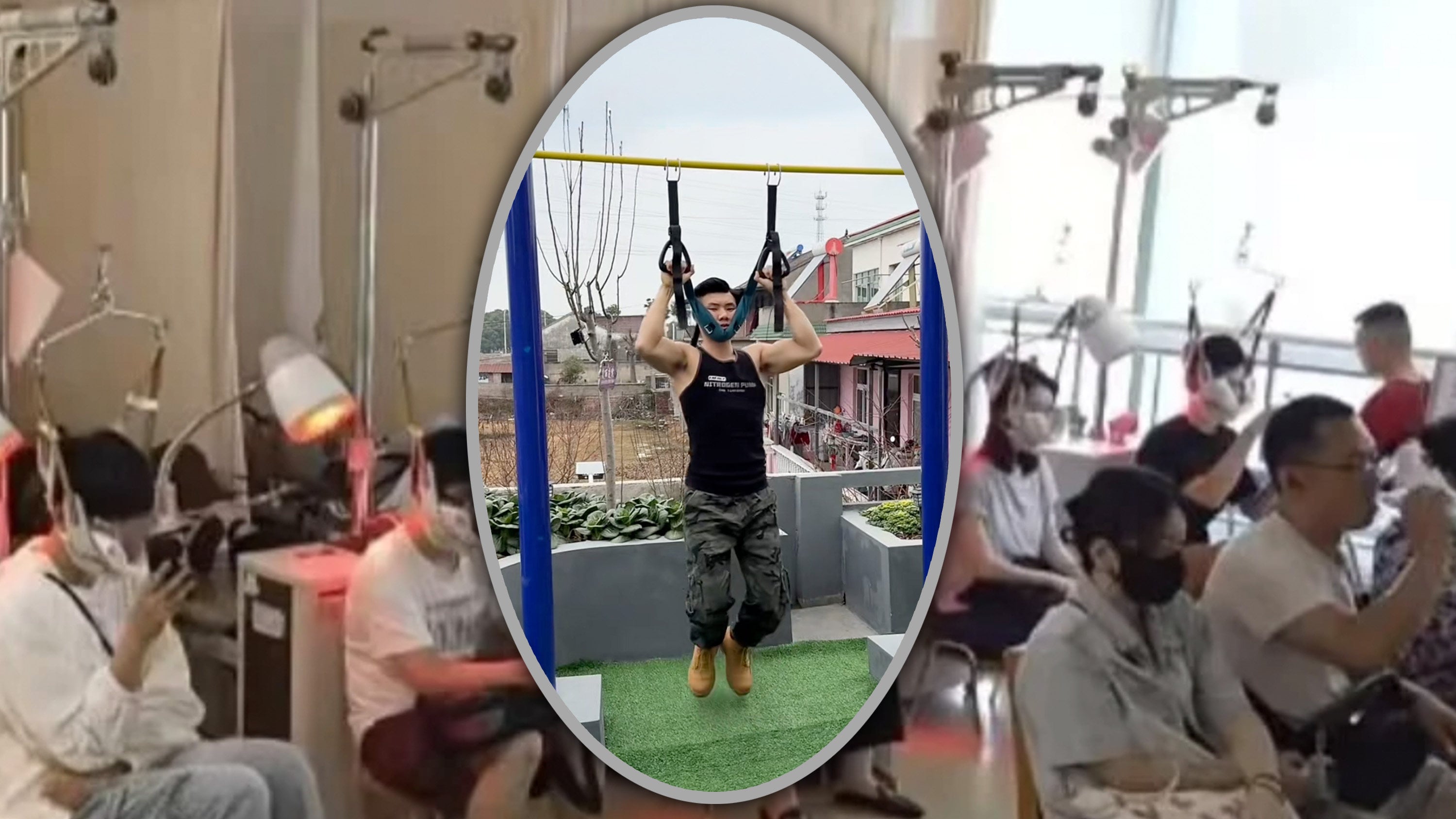 In a bid to replicate cervical traction therapy used in hospitals, a new trend called the “neck-hanging exercise” has emerged among young Chinese people. Photo: SCMP composite/RedNote