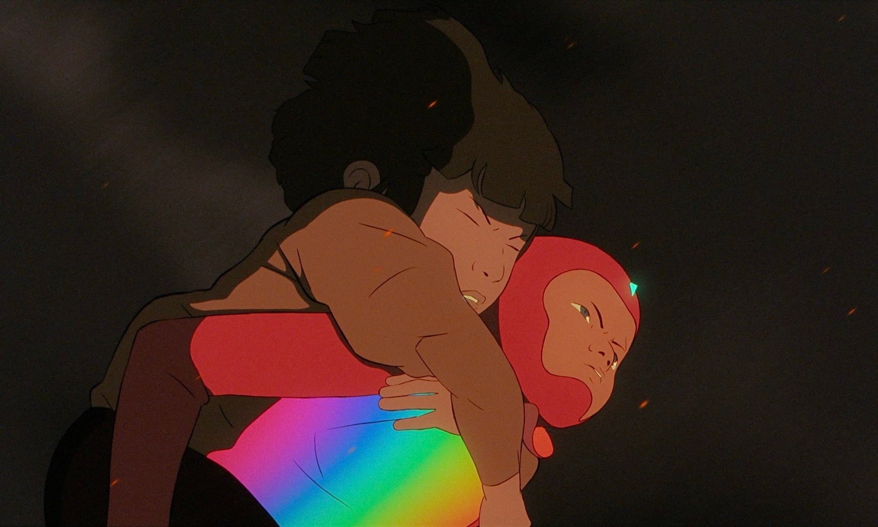 Iris (left, voiced by Romy Fay) and Arco (Juliano Krue Valdi) in a screen grab from Arco (category I), directed by Ugo Bienvenu. Natalie Portman and Mark Ruffalo co-star.