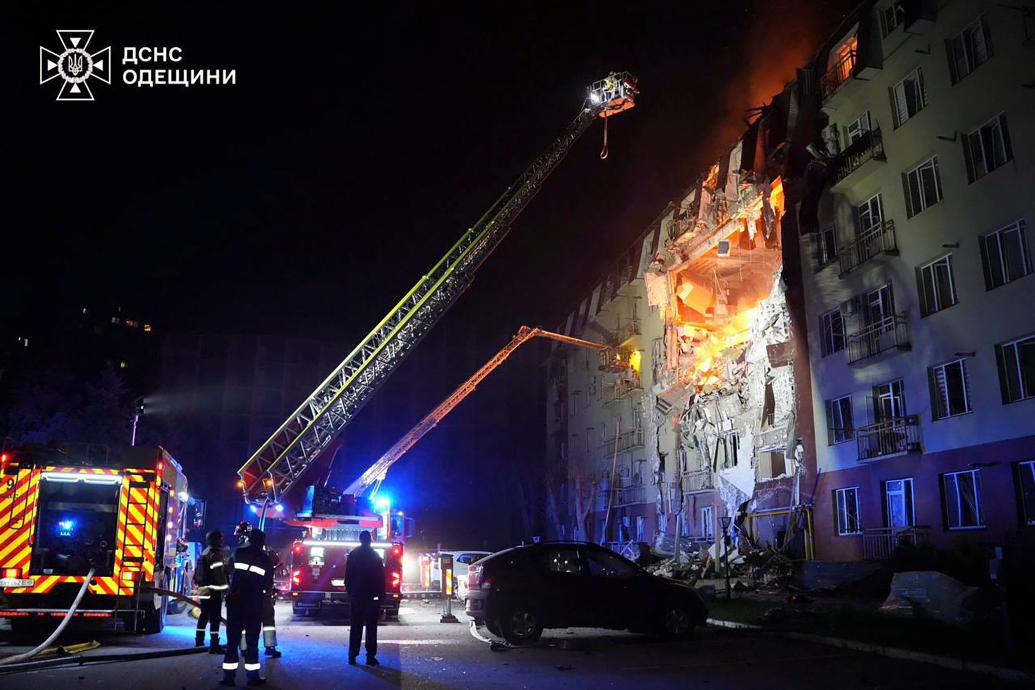 Ukrainian rescuers at the site of a Russian strike on a residential building in Odesa, Ukraine on Monday. Photo: State Emergency Service Handout / EPA