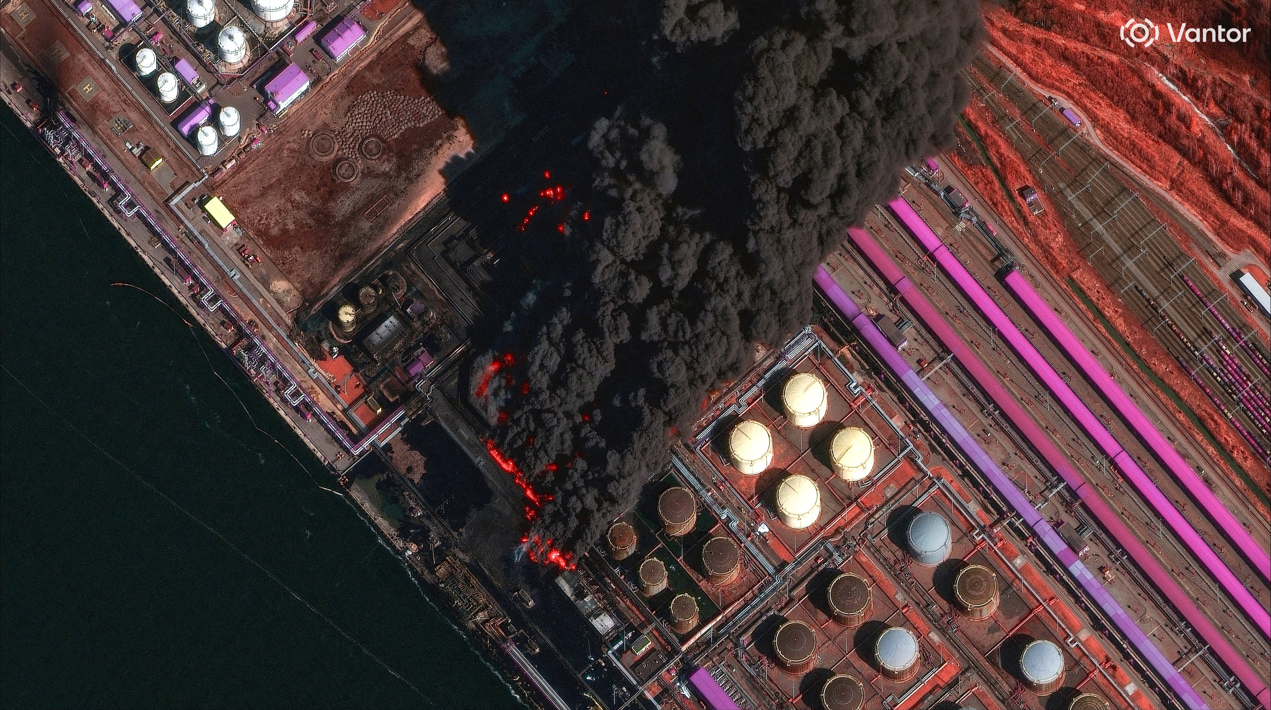 A satellite near-infrared image shows smoke rising from Russia’s Baltic port of Ust-Luga after a Ukrainian attack on March 27. Photo: Vantor via Reuters