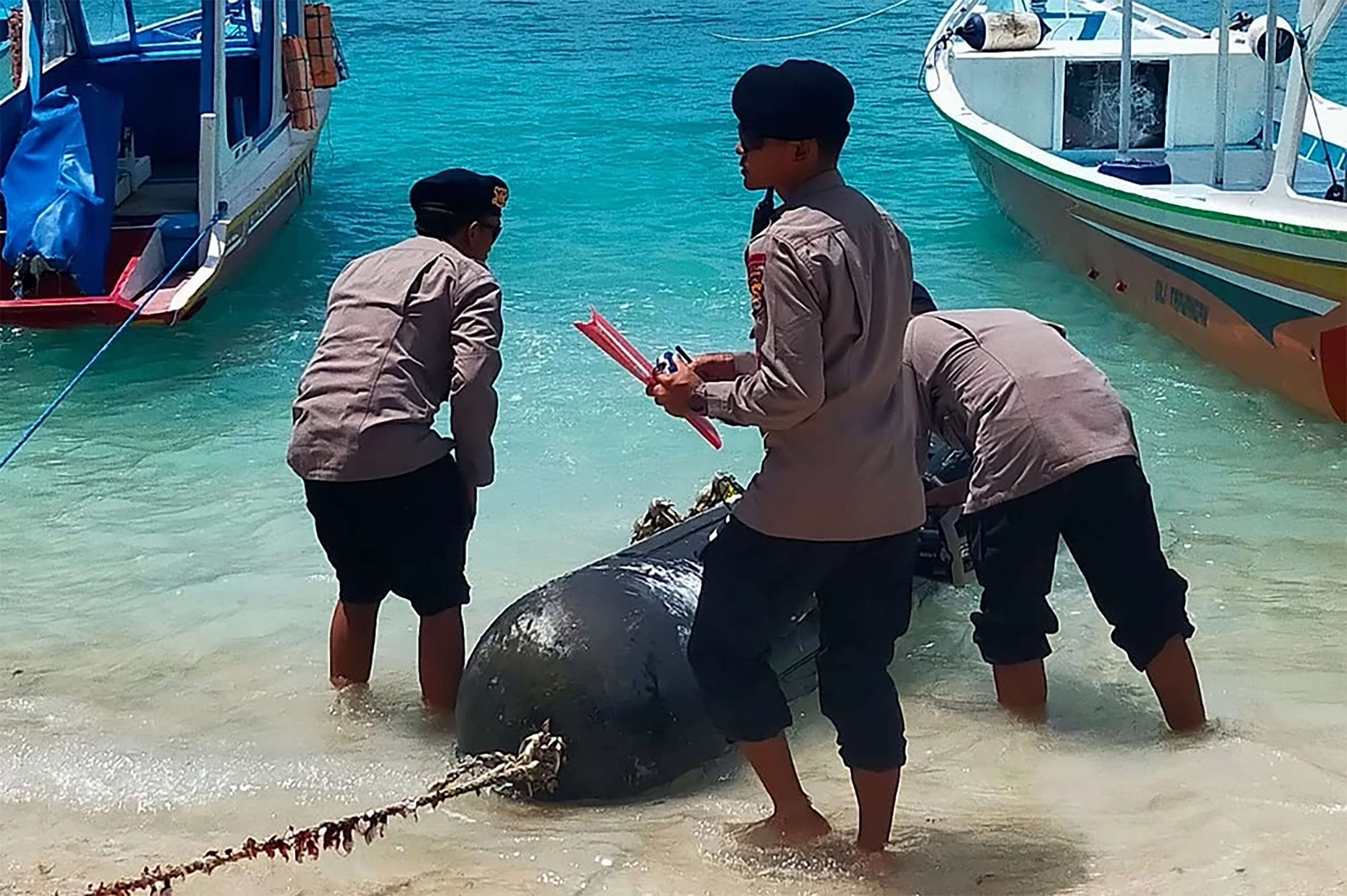 Local police haul the item ashore. Photo: Handout