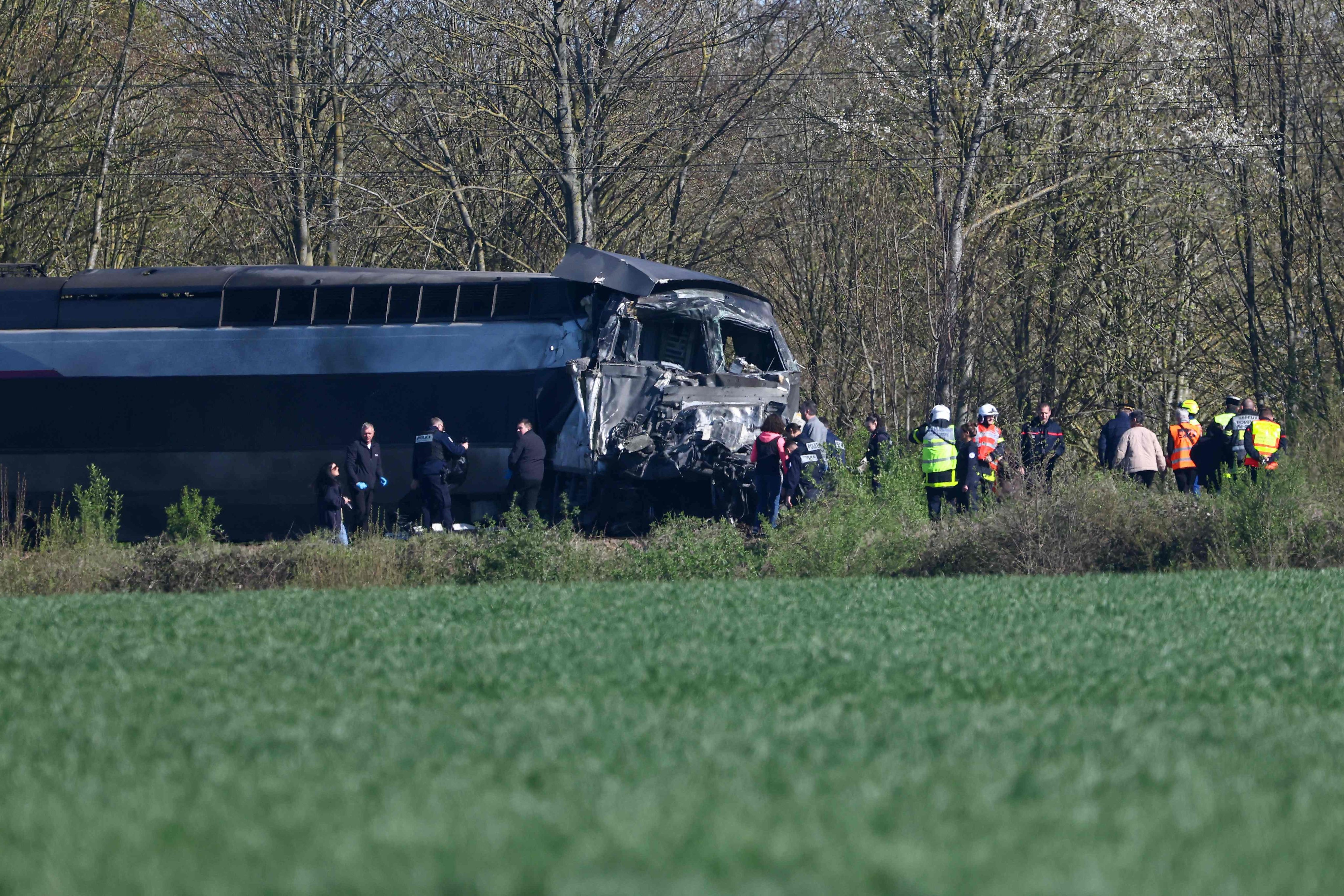 Part of the TGV train after its collision at a level crossing after is collision with a lorry between Bethune and Lens, in Bully-les-Mines, in the Pas-de-Calais region, northern France on Tuesday. Photo: AFP