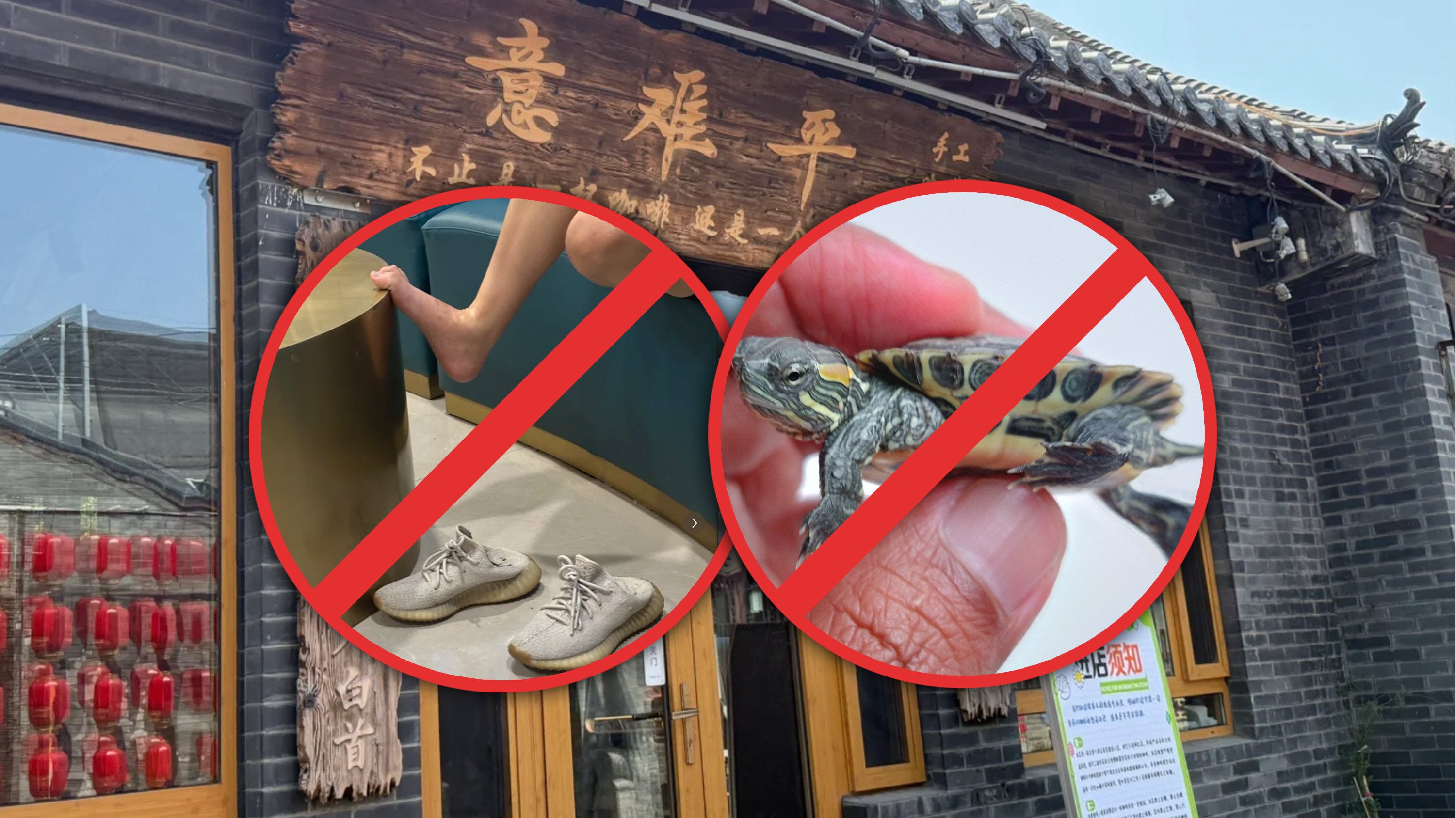 A café in China has gone viral for its eccentric 700-character “entry rules” which prohibit everything from littering and wearing black stockings to stealing tiny turtles, smoking and playing cards. Photo: SCMP composite/Shutterstock/RedNote
