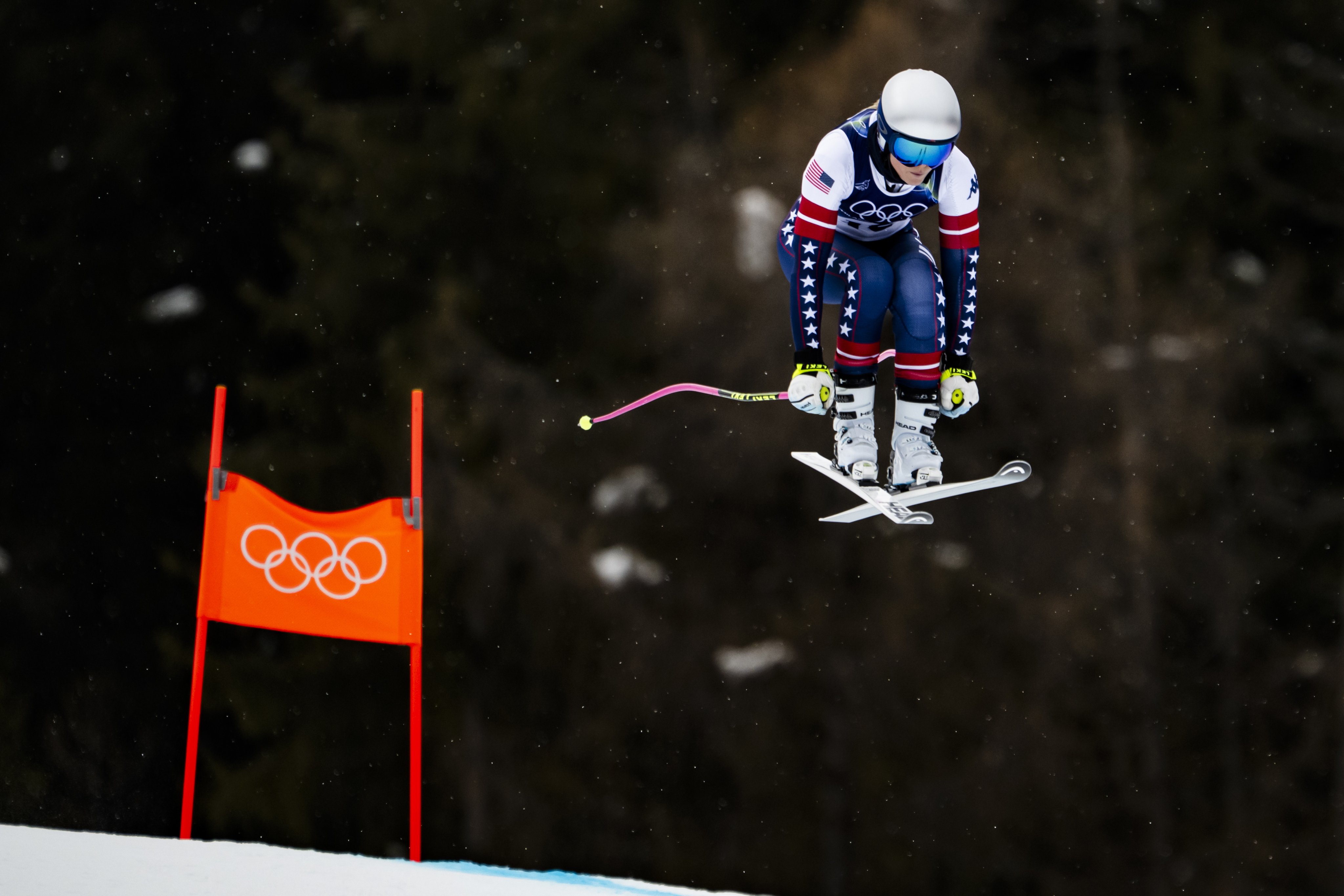 Lindsey Vonn suffered multiple fractures in her left leg after a high-speed fall during the Olympic downhill. Photo: EPA