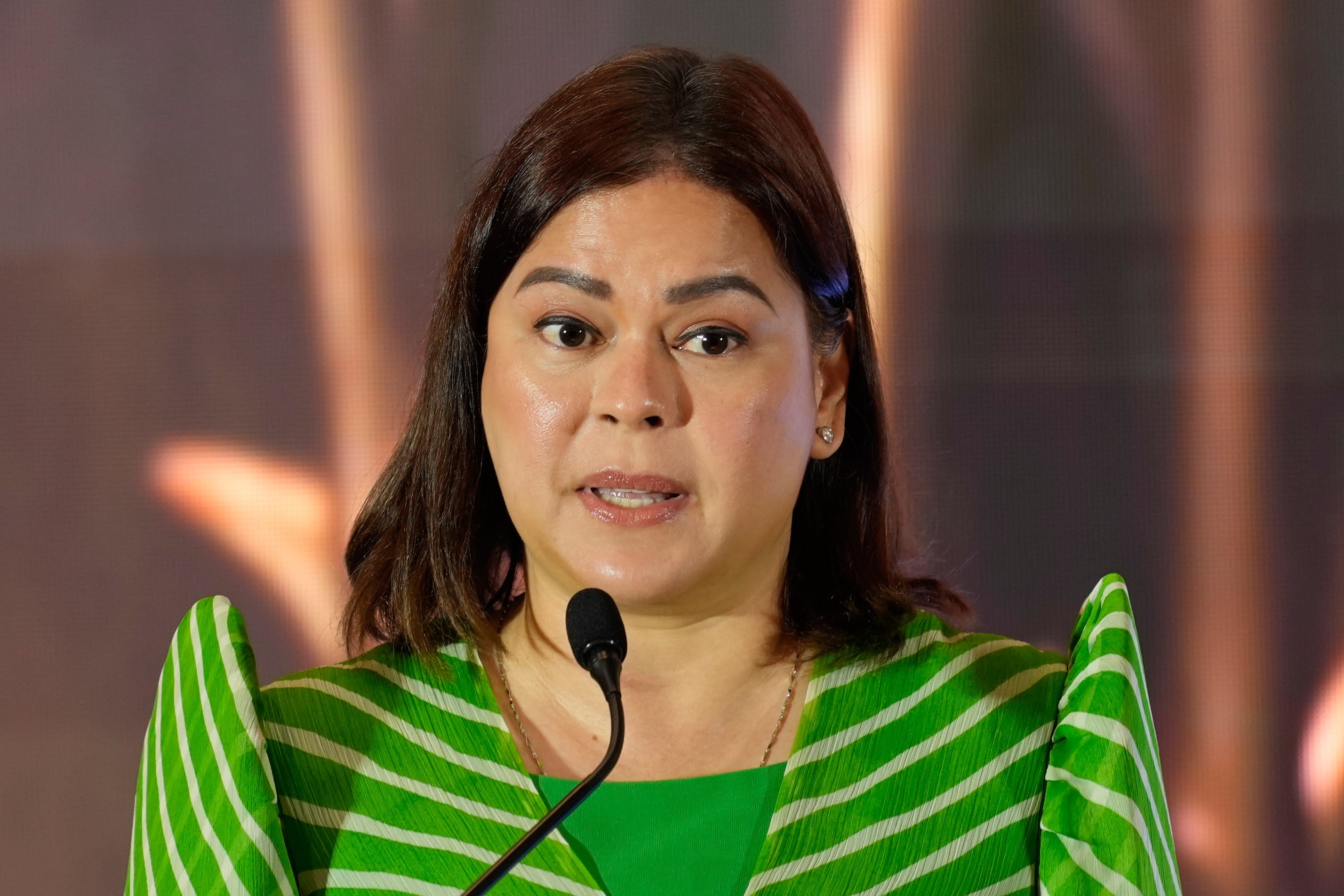 Philippine Vice President Sara Duterte speaks during the 90th anniversary of the office of the vice president on November 14, 2025, at a hotel in Makati, Philippines. Photo: AP