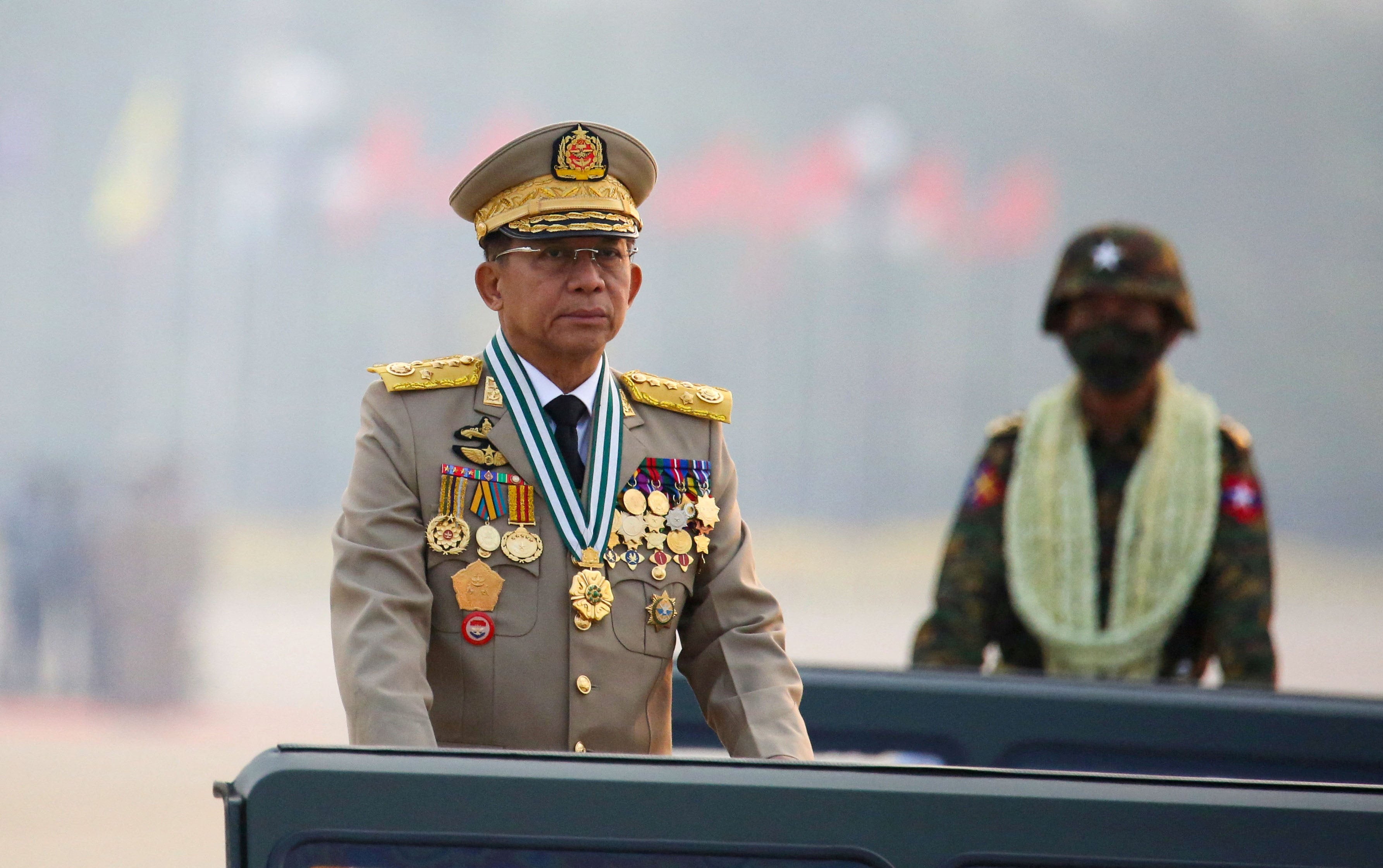 Myanmar’s then junta chief Min Aung Hlaing attends an army parade in Naypyitaw in 2021. Photo: Reuters