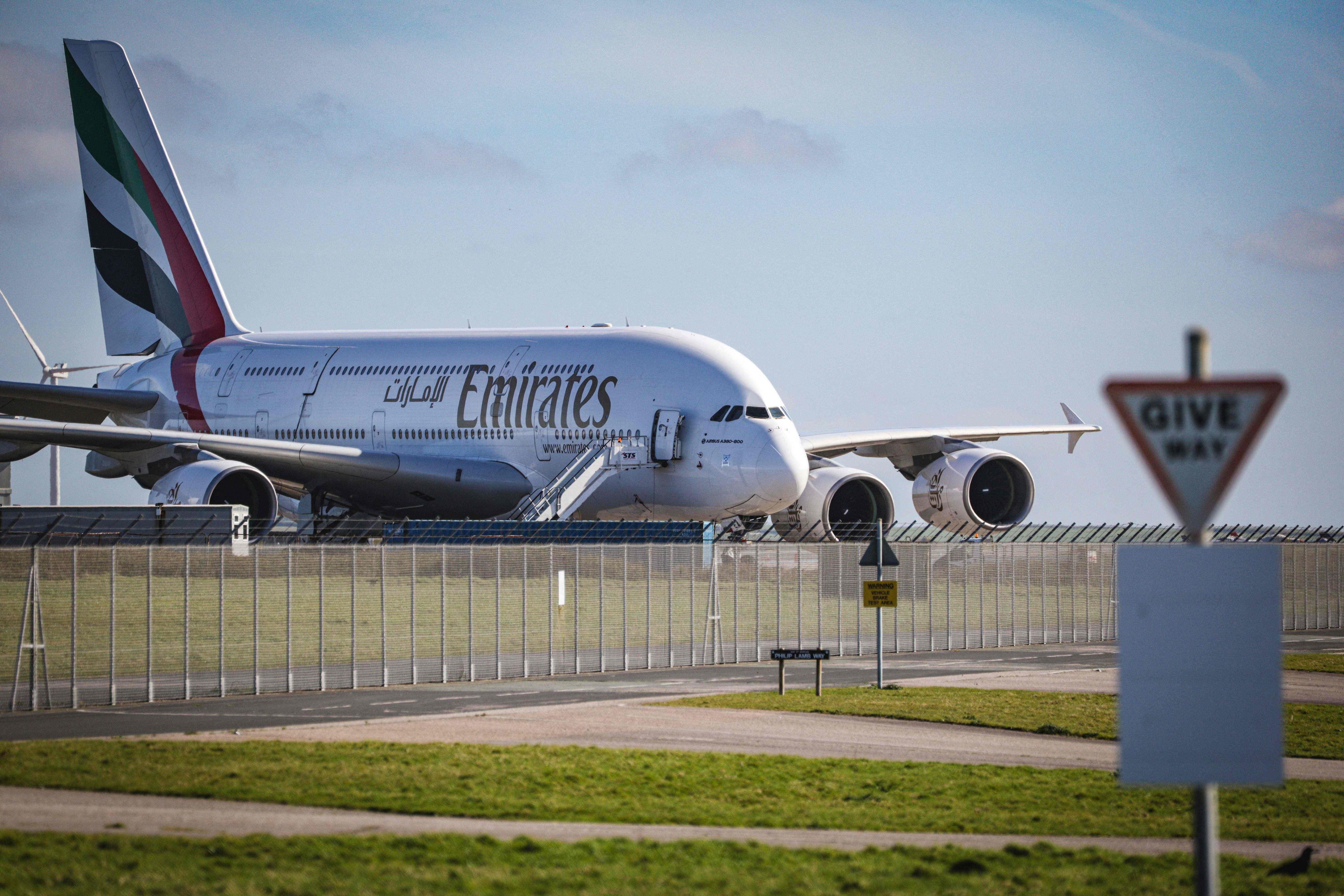 An Emirates A380 aircraft is parked at Cornwall Airport Newquay in southwest England on Monday. Photo: AFP