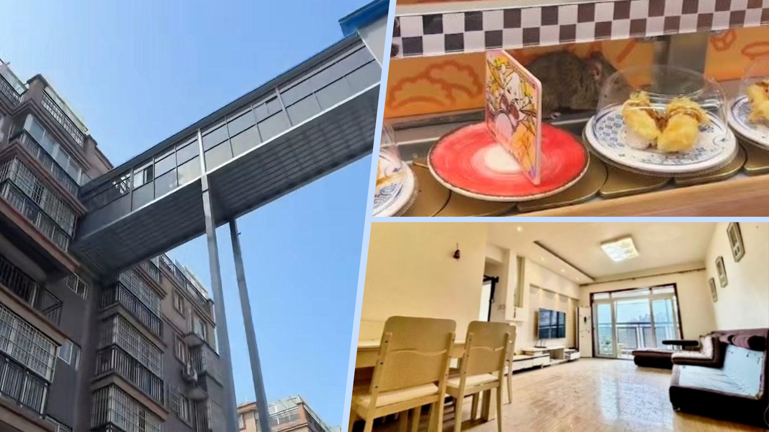 A haunted house in China has been auctioned three times; a residential lift serves only one floor and a sushi restaurant featured a “Mickey Mouse” on its conveyor belt. Photo: SCMP composite/Douyin/Weibo