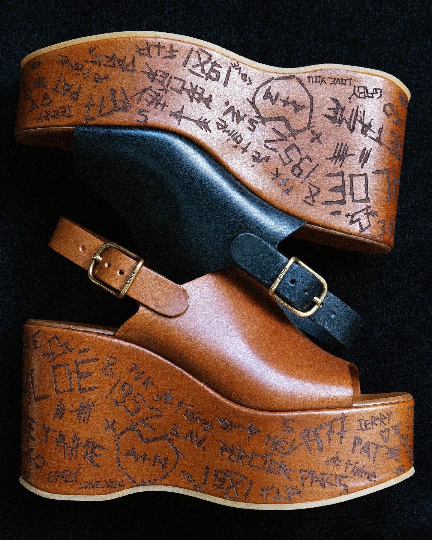 The wedge heels of Chloe’s Maxime sandals are carved with doodles. Wedge heels, popular in the 90s and noughties, are back. Photo: Instagram/Chloe