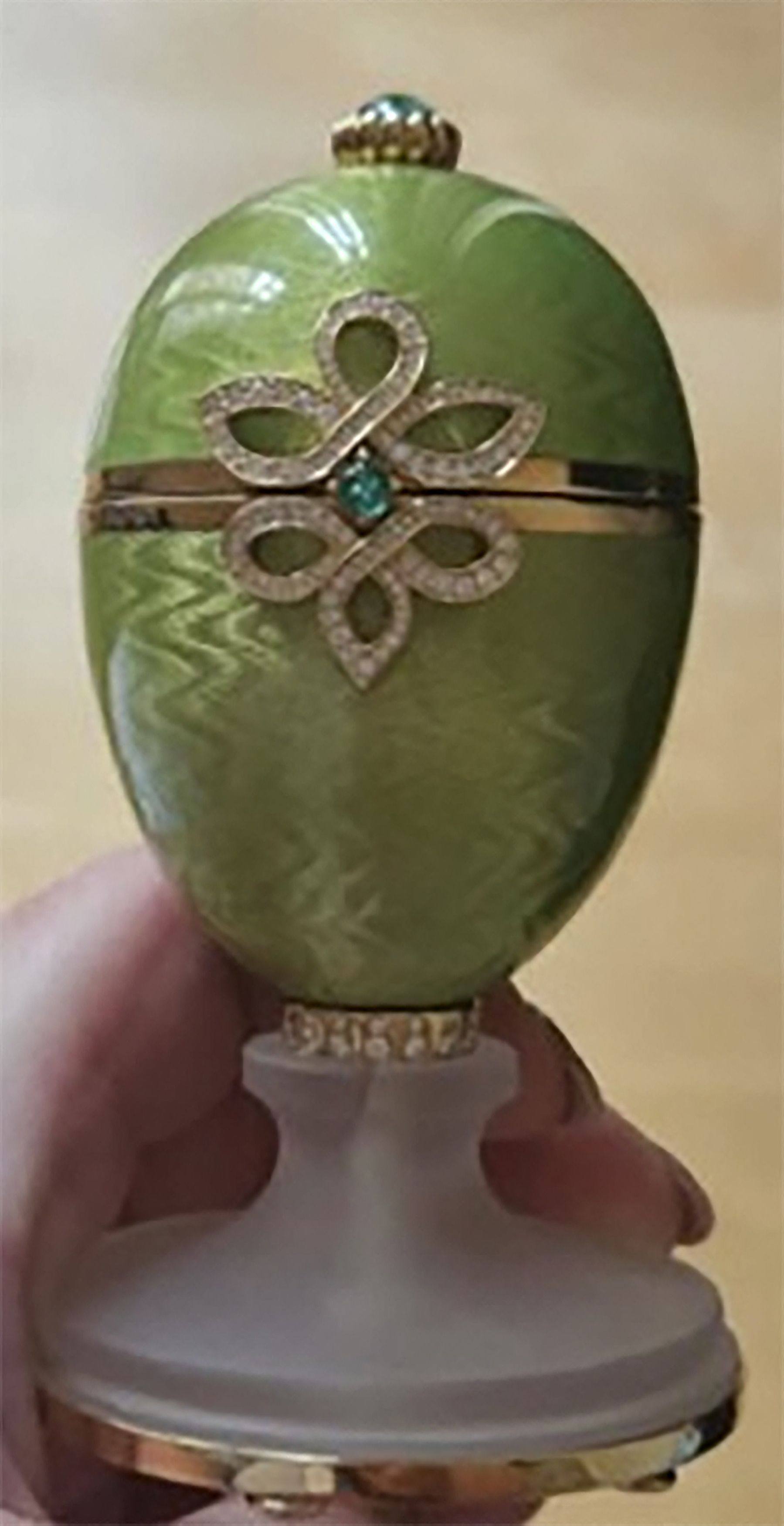 A green and gold, emerald-encrusted Faberge egg, which was stolen from a London pub in 2024. Photo: Metropolitan Police/AFP