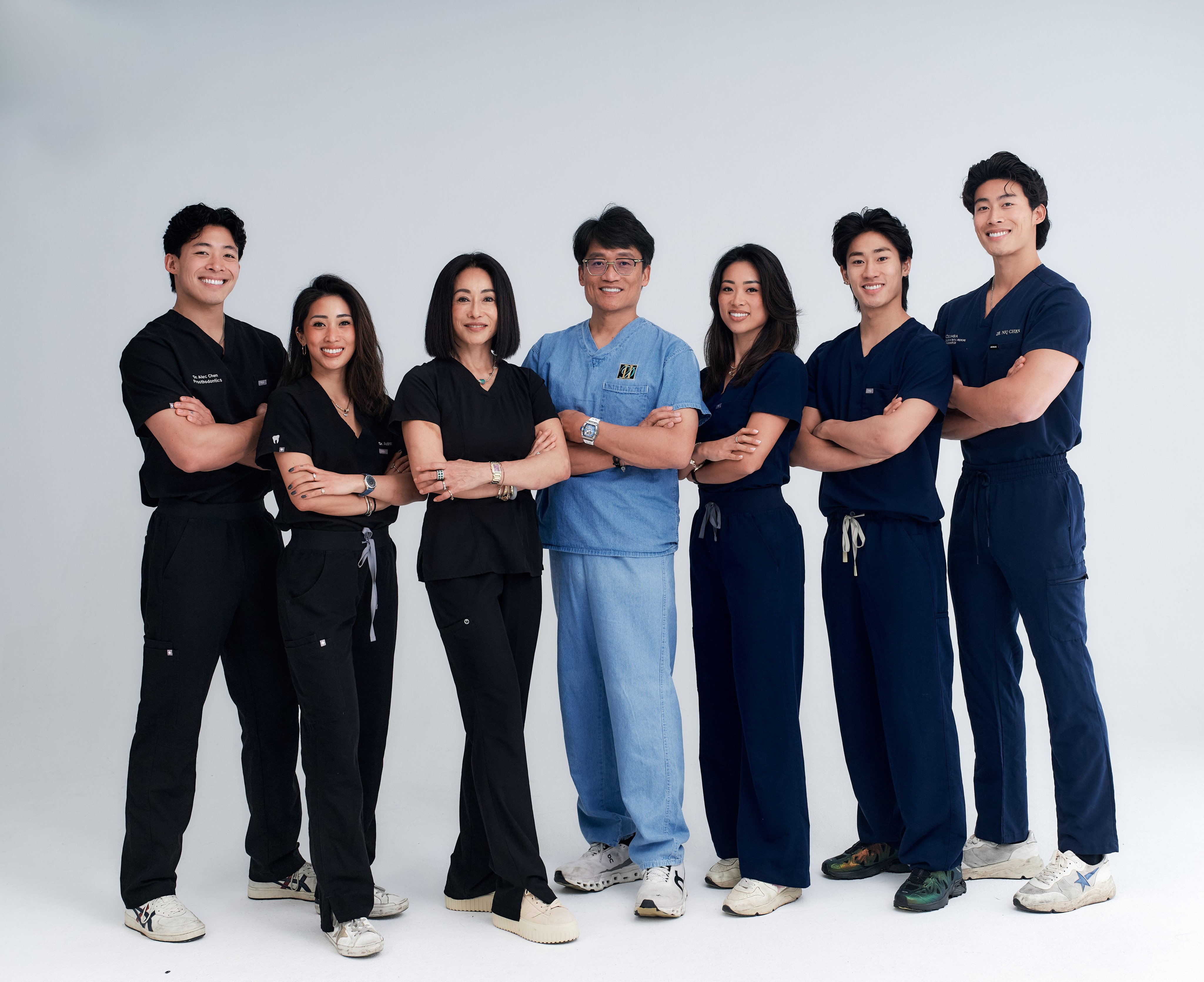 The Chen family (from left): Aleq, Audree, Jennifer, Leon, Nina, Nasdaq and Niq. All seven members of the family are dentists. Photo: Niq Chen