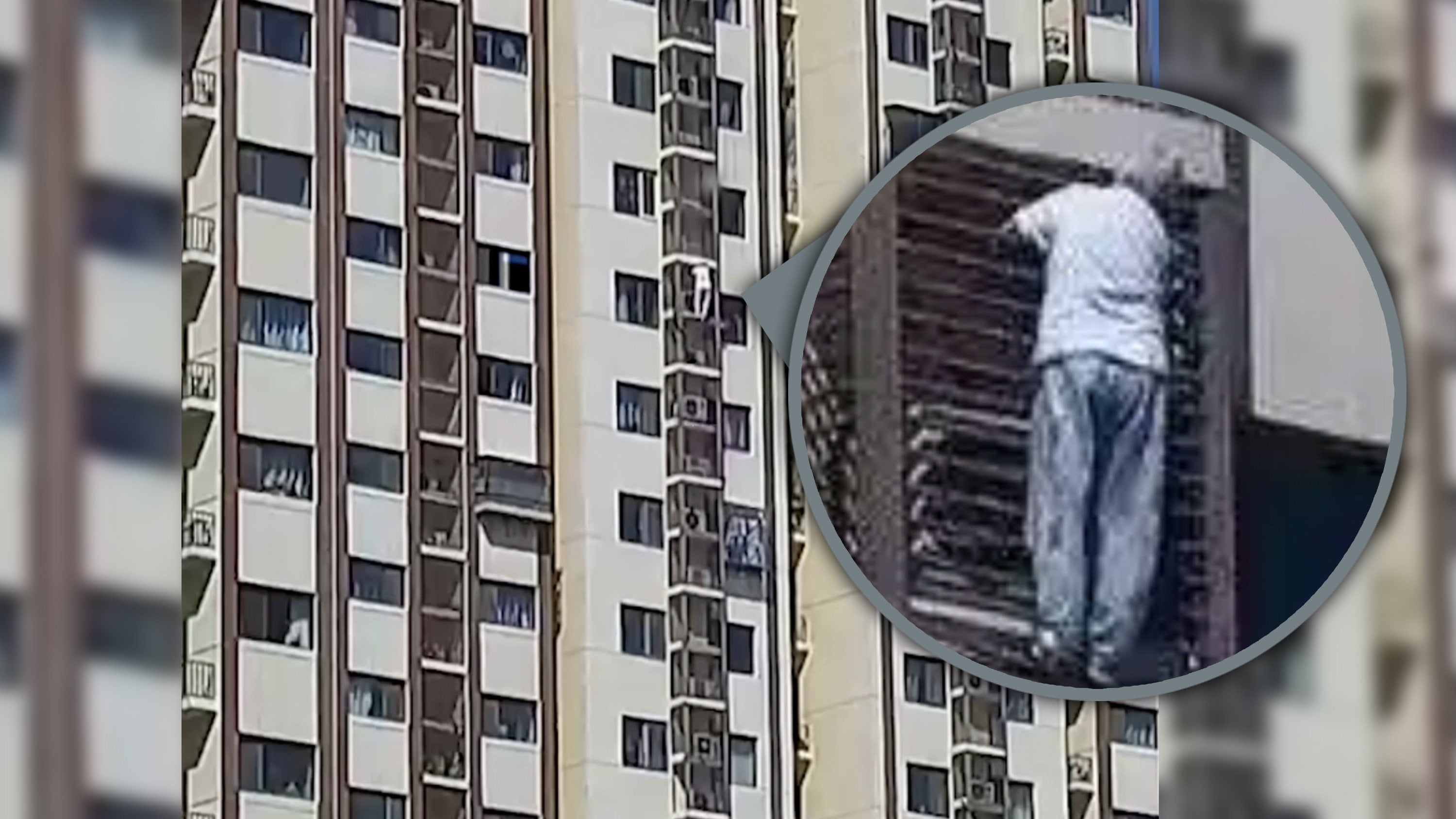 An 89-year-old Chinese woman has made headlines after climbing from the 27th to the 21st floor of her high-rise building to escape a locked bedroom. Photo: SCMP composite/CCTV/RedNote