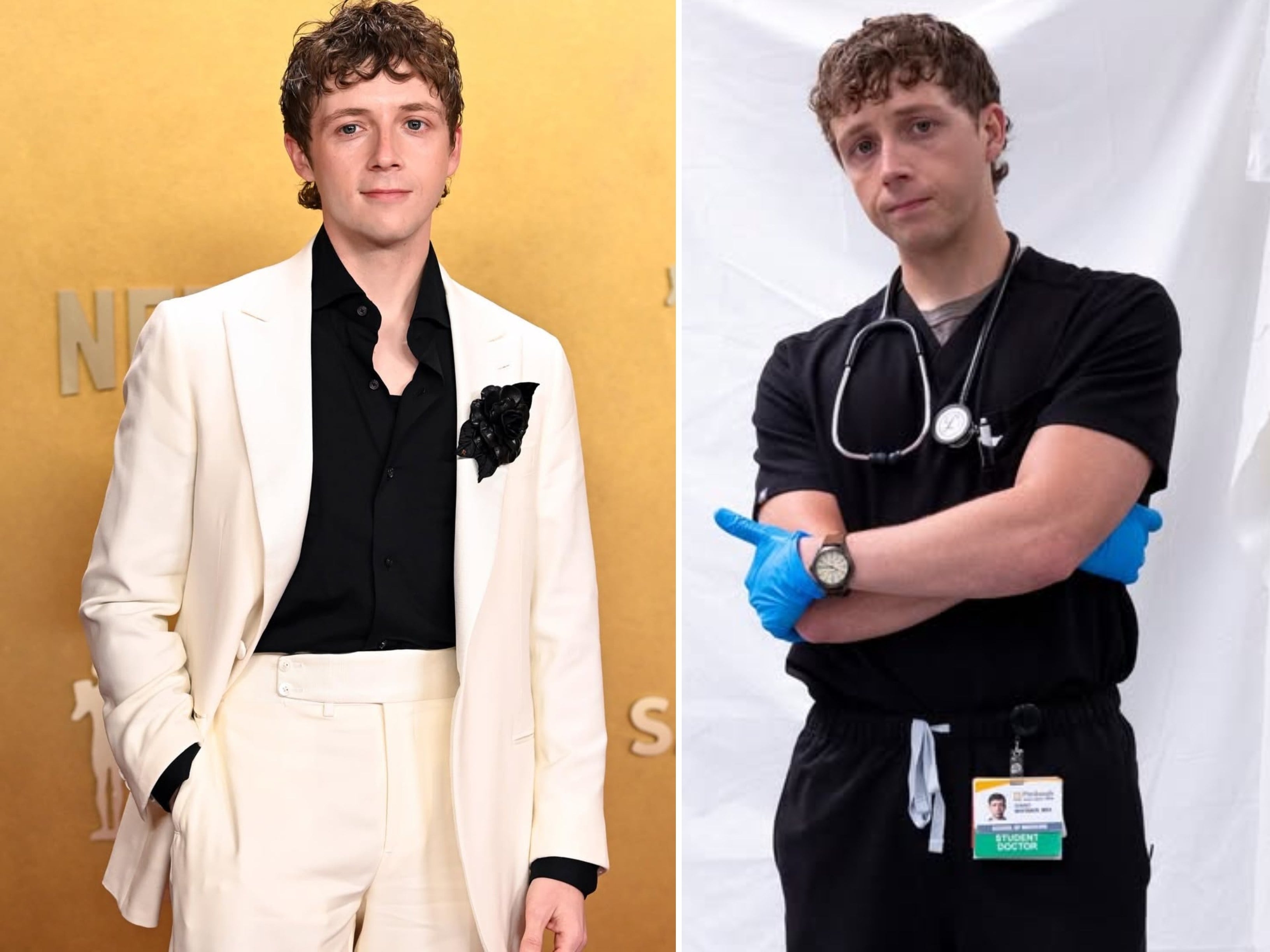 Gerran Howell plays Dr Whitaker in The Pitt. Photos: @gezinafez/Instagram, HBO Max