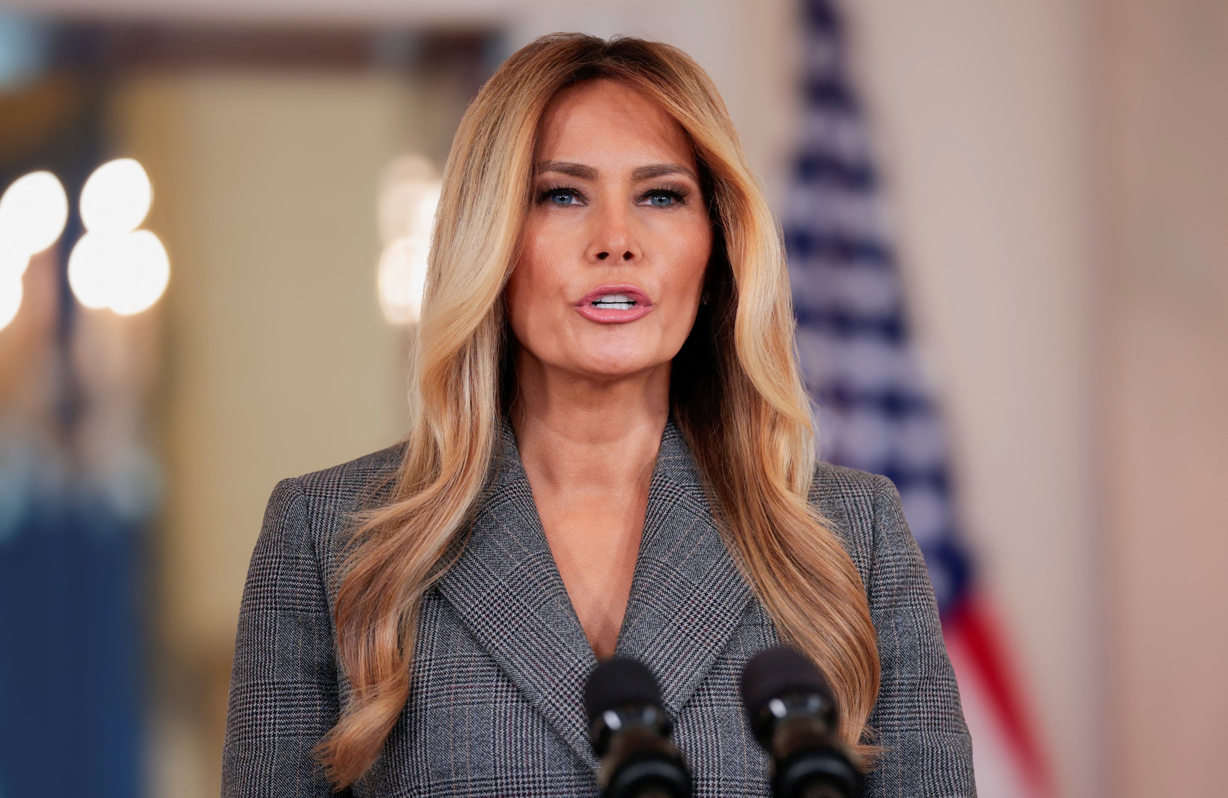 US first lady Melania Trump delivers remarks about Jeffrey Epstein at the White House in Washington on Thursday. Photo: Reuters