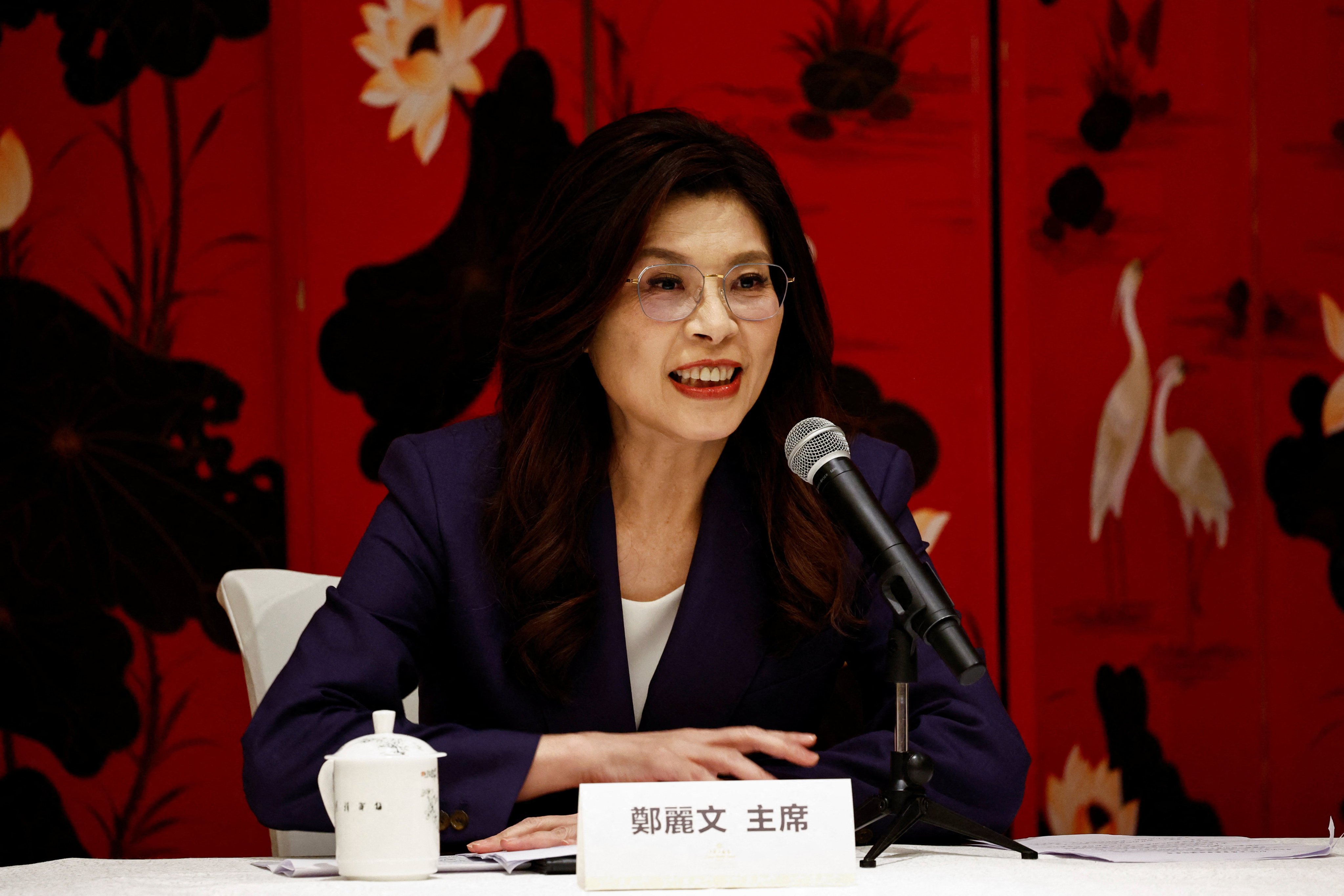 Cheng Li-wun, chairwoman of the Kuomintang (KMT), speaks at a press conference in Beijing, on Friday. Photo: Reuters