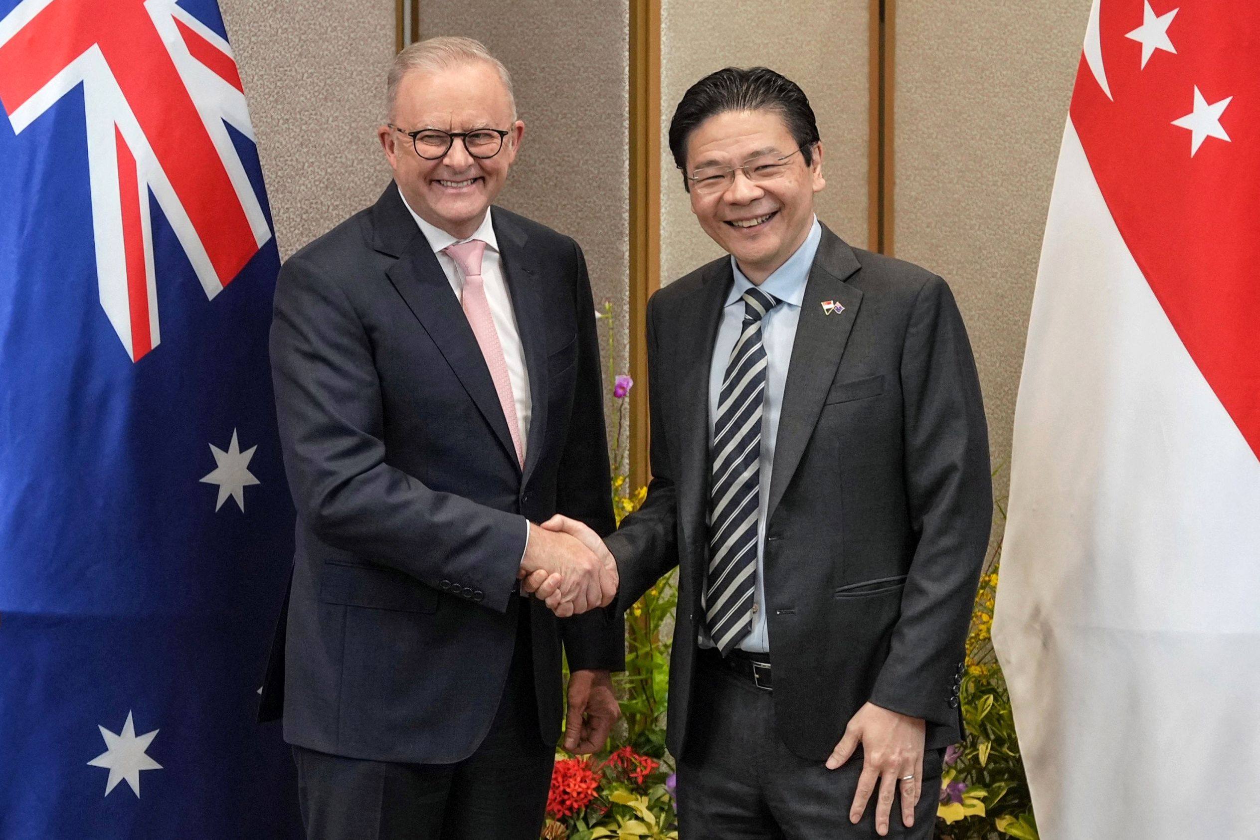 Australia’s Prime Minister Anthony Albanese (left) with his Singaporean counterpart Lawrence Wong during their meeting at the Istana presidential palace in Singapore on Friday. Photo: LianHe Zaobao / Chia Ti Yan / AFP