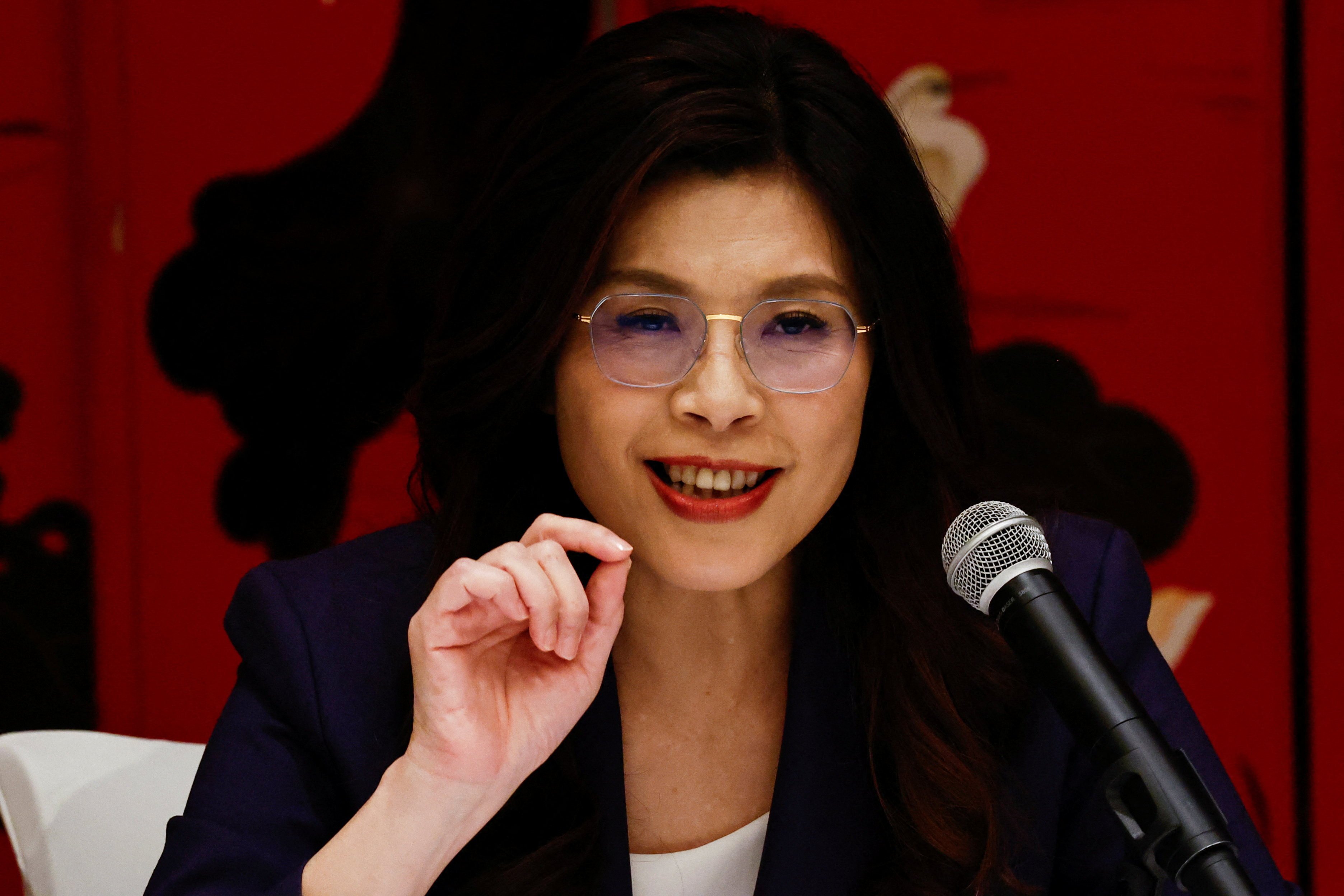 KMT head Cheng Li-wun speaks to reporters after meeting Chinese President Xi Jinping. Photo: Reuters