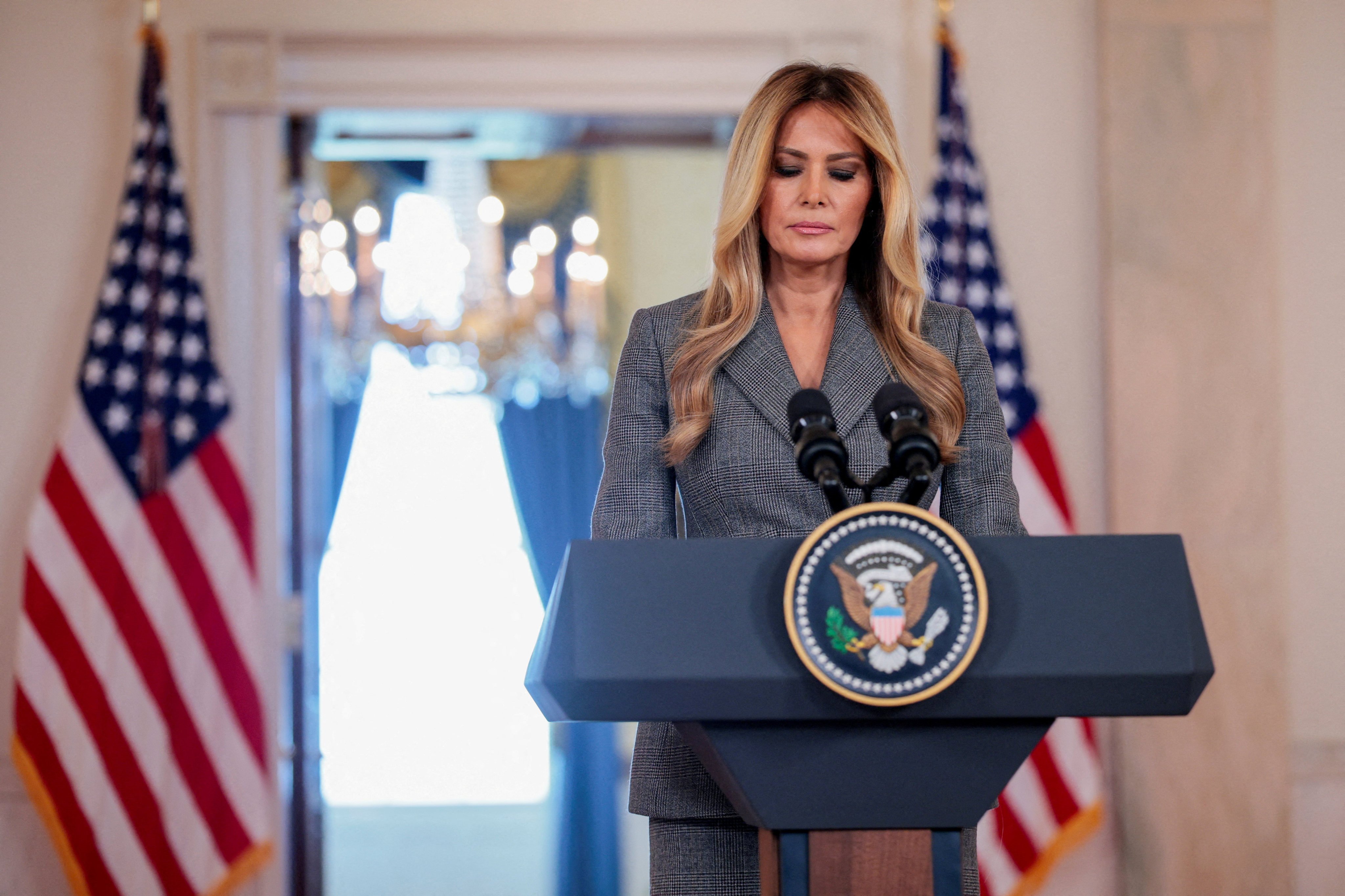 U.S. first lady Melania Trump delivers remarks regarding the late financier and convicted sex offender Jeffrey Epstein from the Grand Foyer of the White House in Washington, D.C., U.S., April 9, 2026. REUTERS/Evan Vucci     TPX IMAGES OF THE DAY