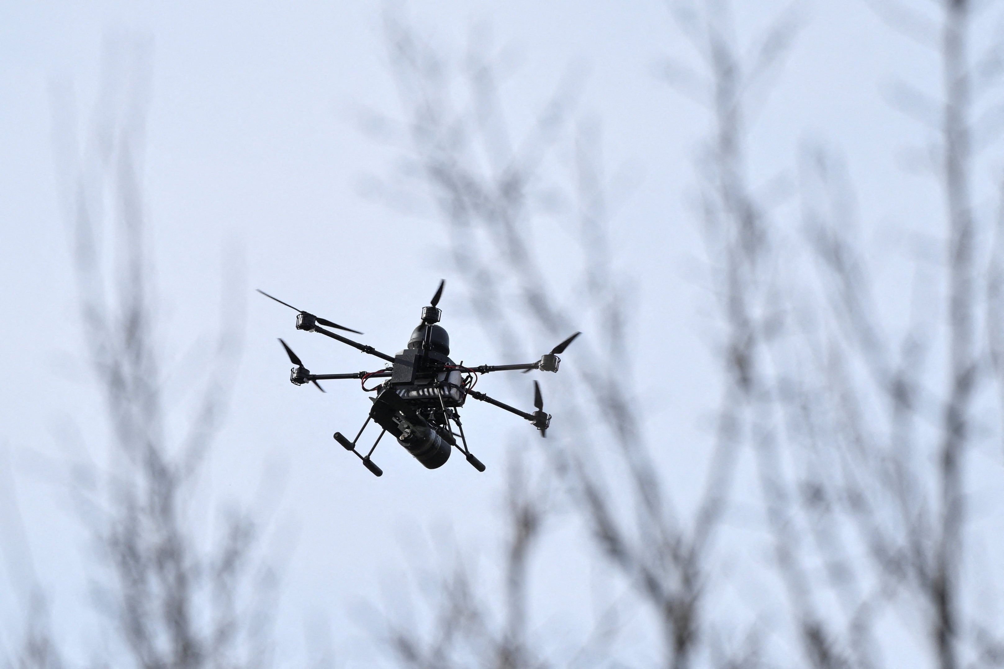 A drone of a Ukrainian regiment flies with an attached air bomb over a training ground in Zaporizhzhia last month, amid Russia’s attack on Ukraine. Photo: Reuters