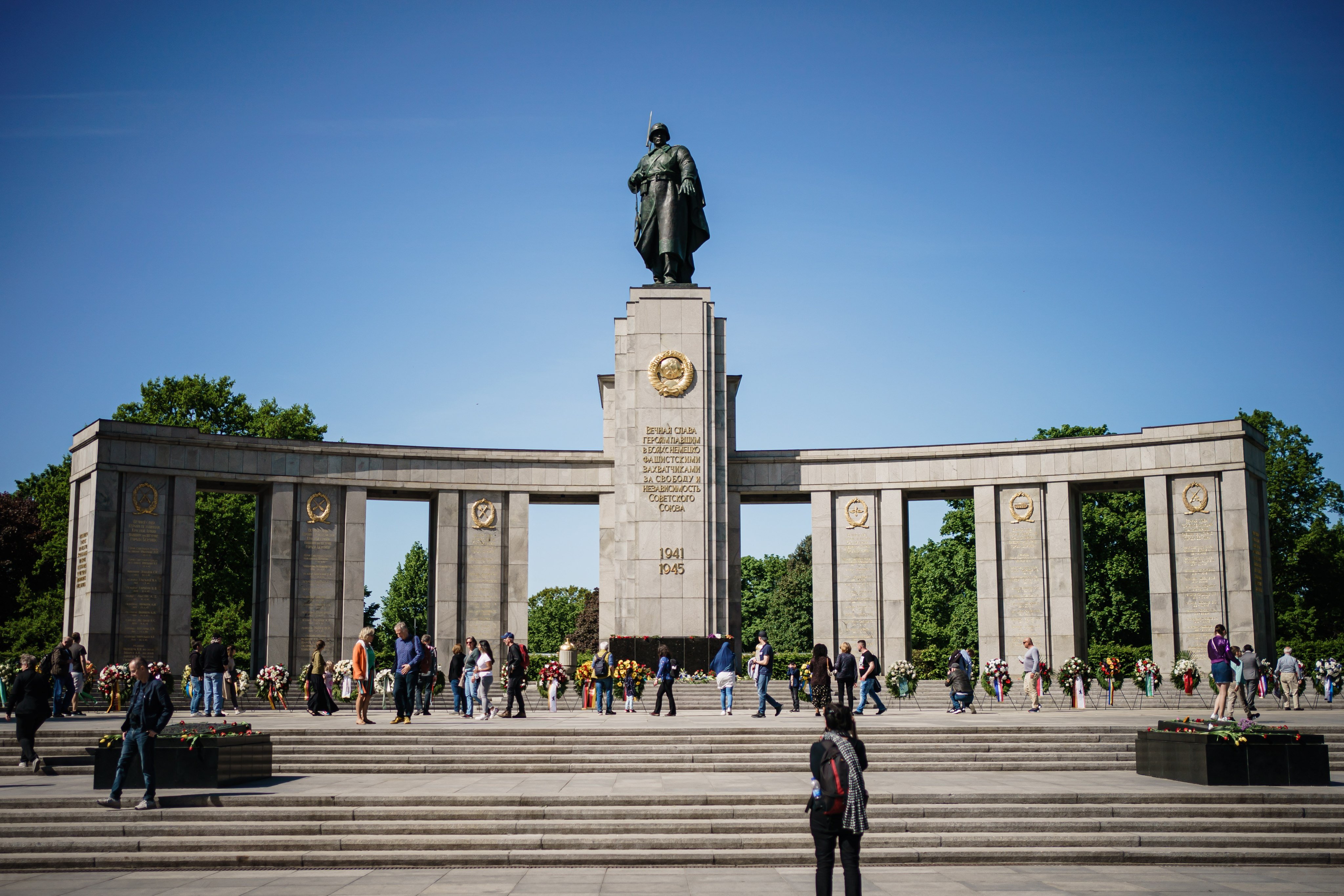 Visitors at the Soviet war memorial in Tiergarten park, Berlin, Germany. Photo: EPA-EFE