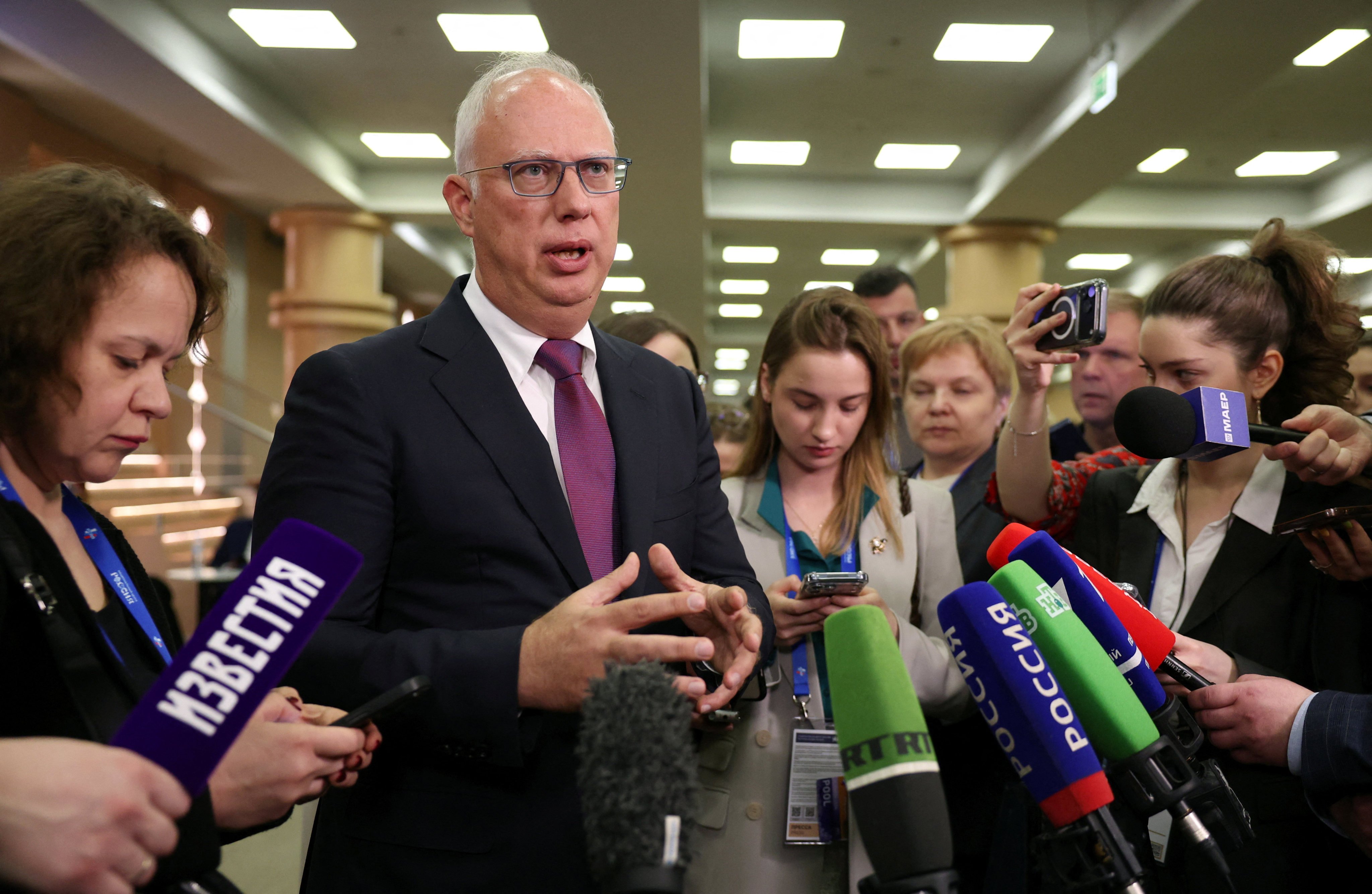 Kirill Dmitriev, the Russian presidential envoy, speaks to the media in Moscow on March 26. Photo: Reuters