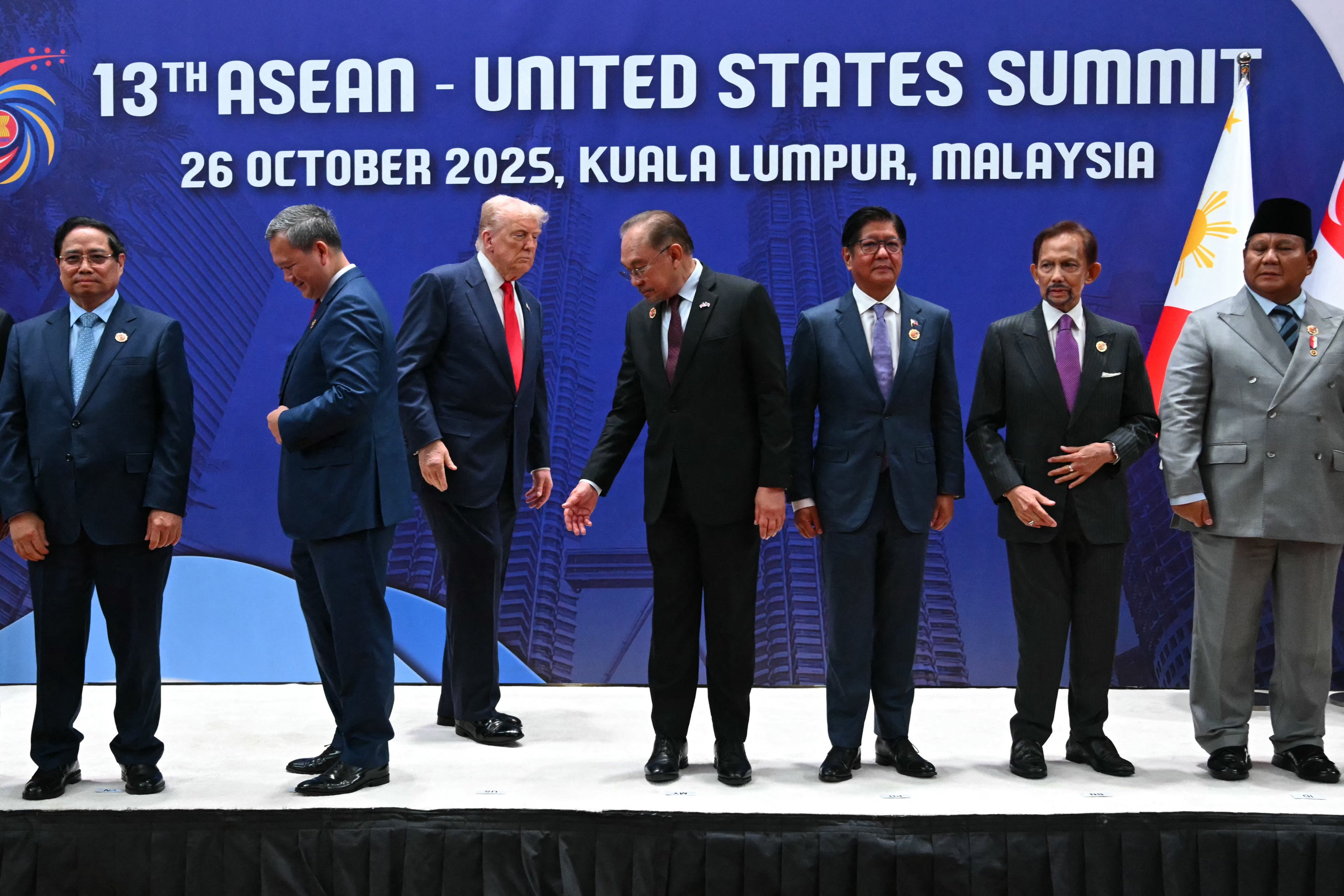 US President Donald Trump (centre) stands for a group photo with Southeast Asian leaders at the 13th Asean-United States Summit in Kuala Lumpur on October 26, 2025. Photo: AFP