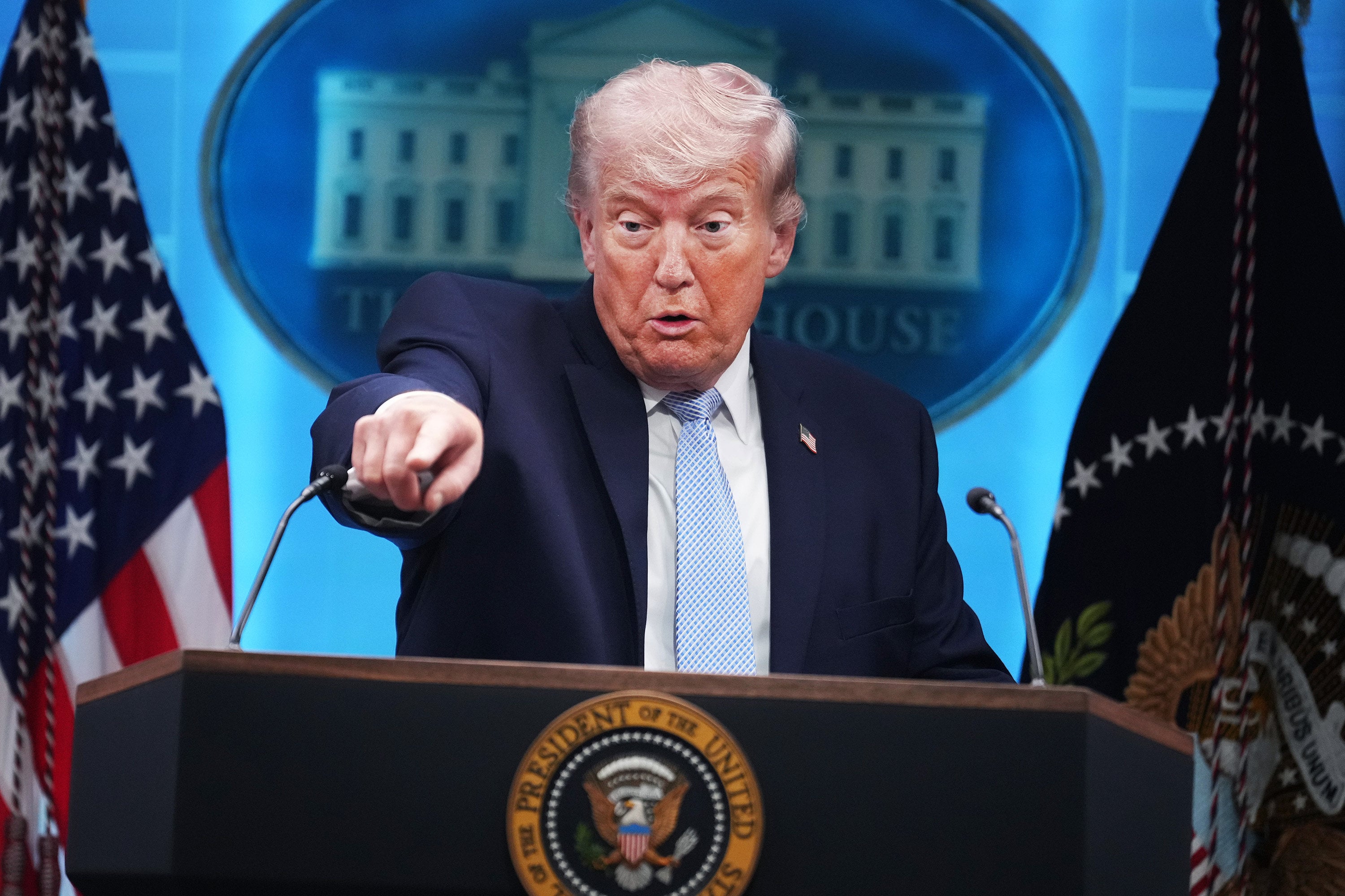 President Donald Trump conducts a news conference in the White House briefing room about the war in Iran, in Washington, US on Monday. Photo: TNS