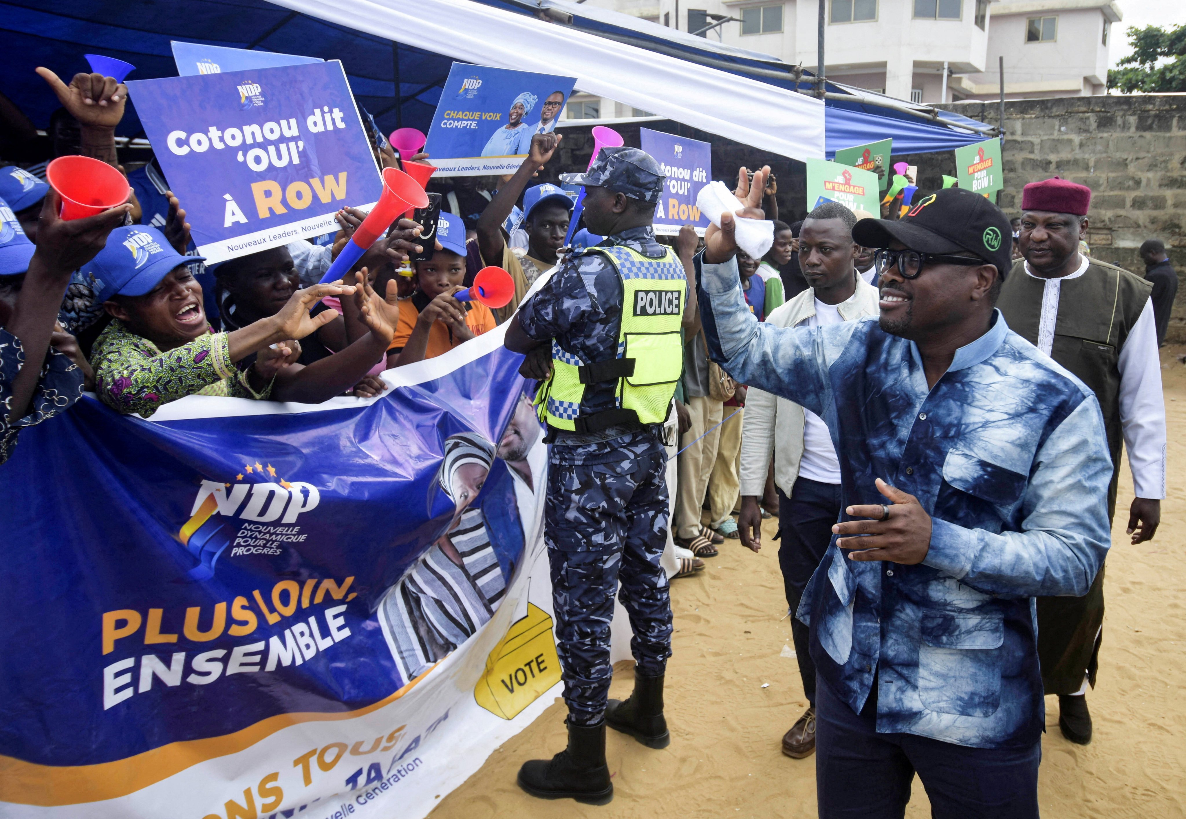 Romuald Wadagni, Benin’s finance minister and the ruling party candidate for the presidential election, waves to supporters during a campaign rally ahead of the presidential election, in Cotonou, Benin, on April Friday. Photo: Reuters