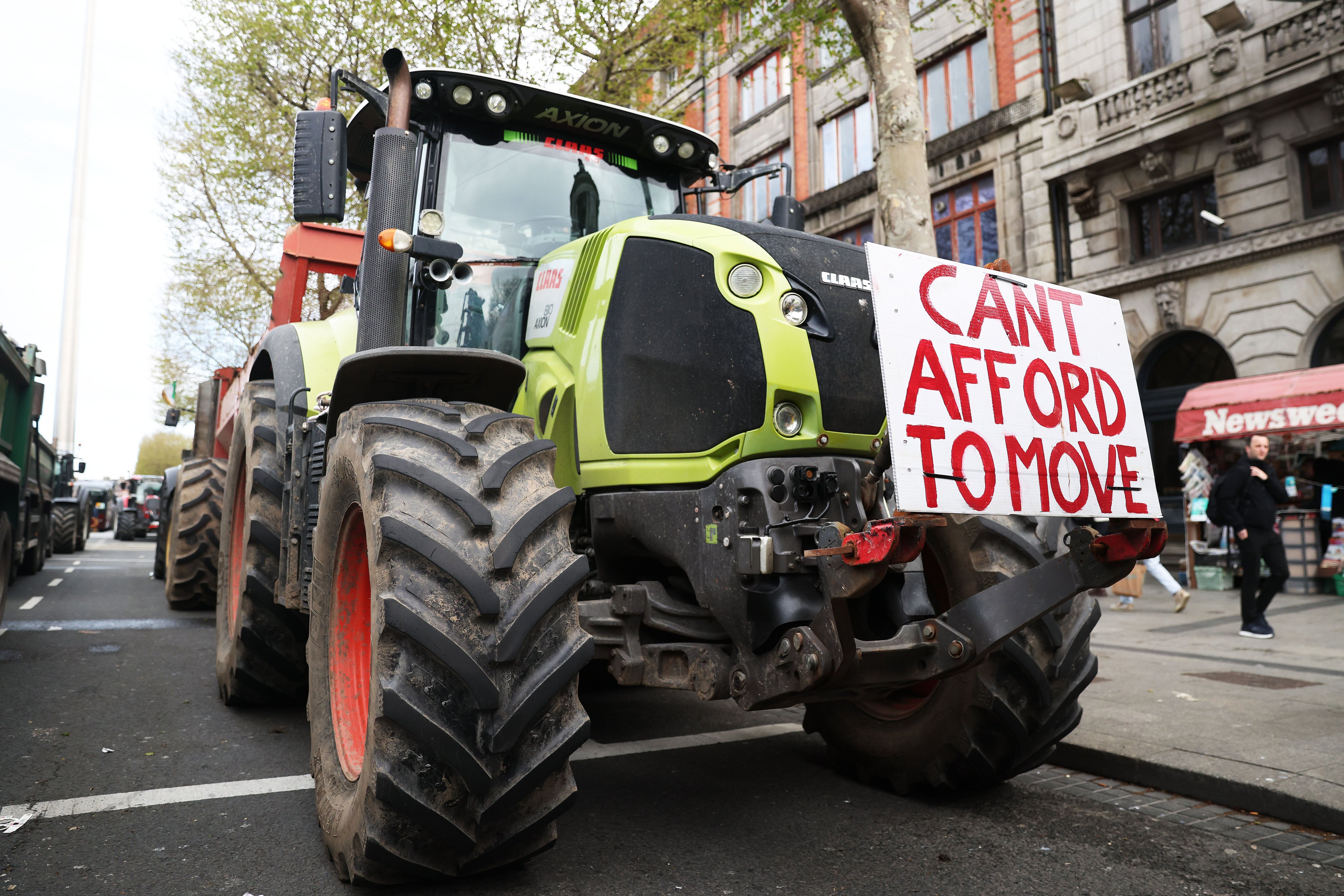 Tractors block O’Connell Street on the fifth day of the National Fuel Protest, in Dublin, Ireland, on Saturday. Photo: Ap