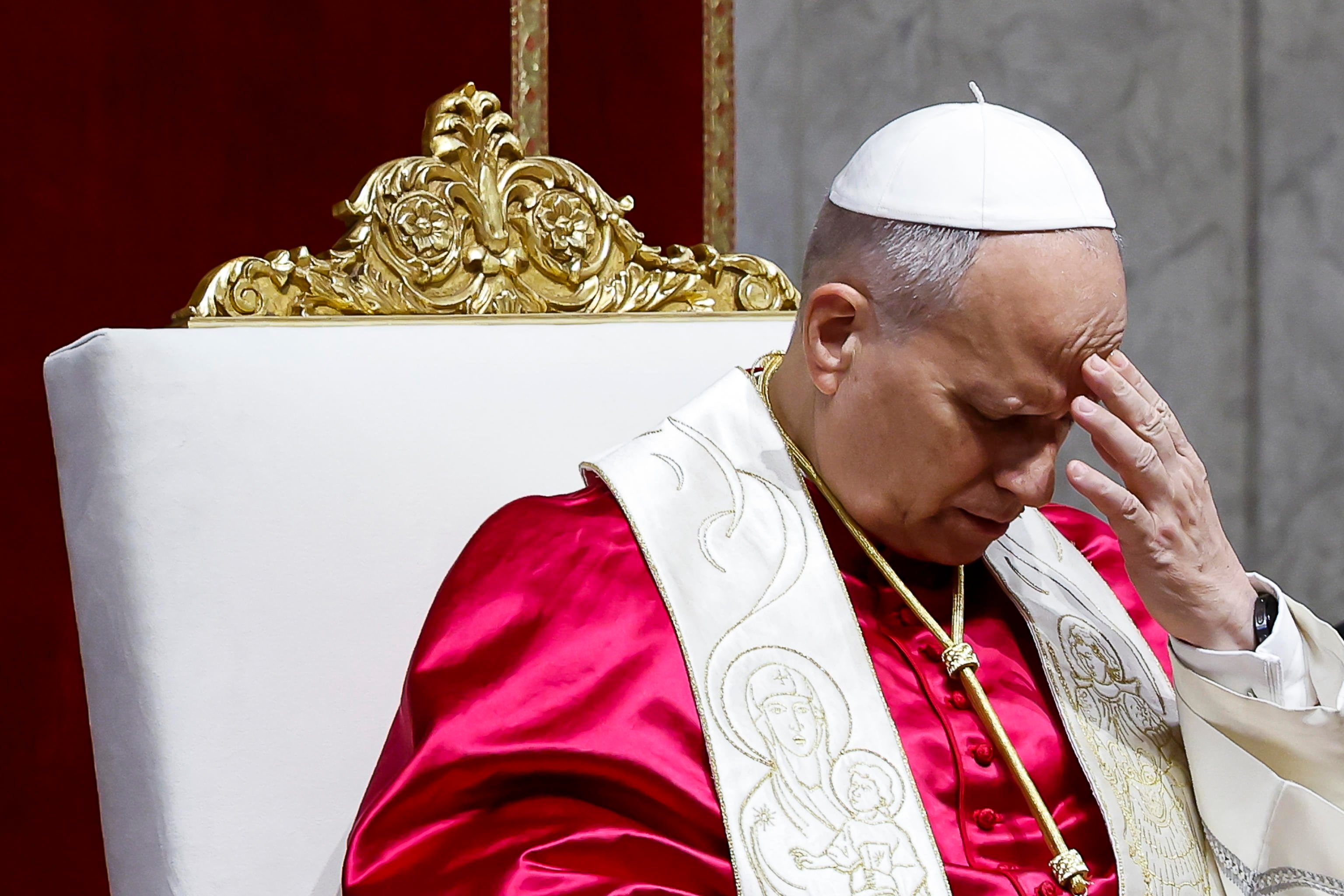 Pope Leo chairs the Holy Rosary Prayer Vigil for Peace in St Peter’s Basilica in Vatican City on Saturday. Photo: EPA