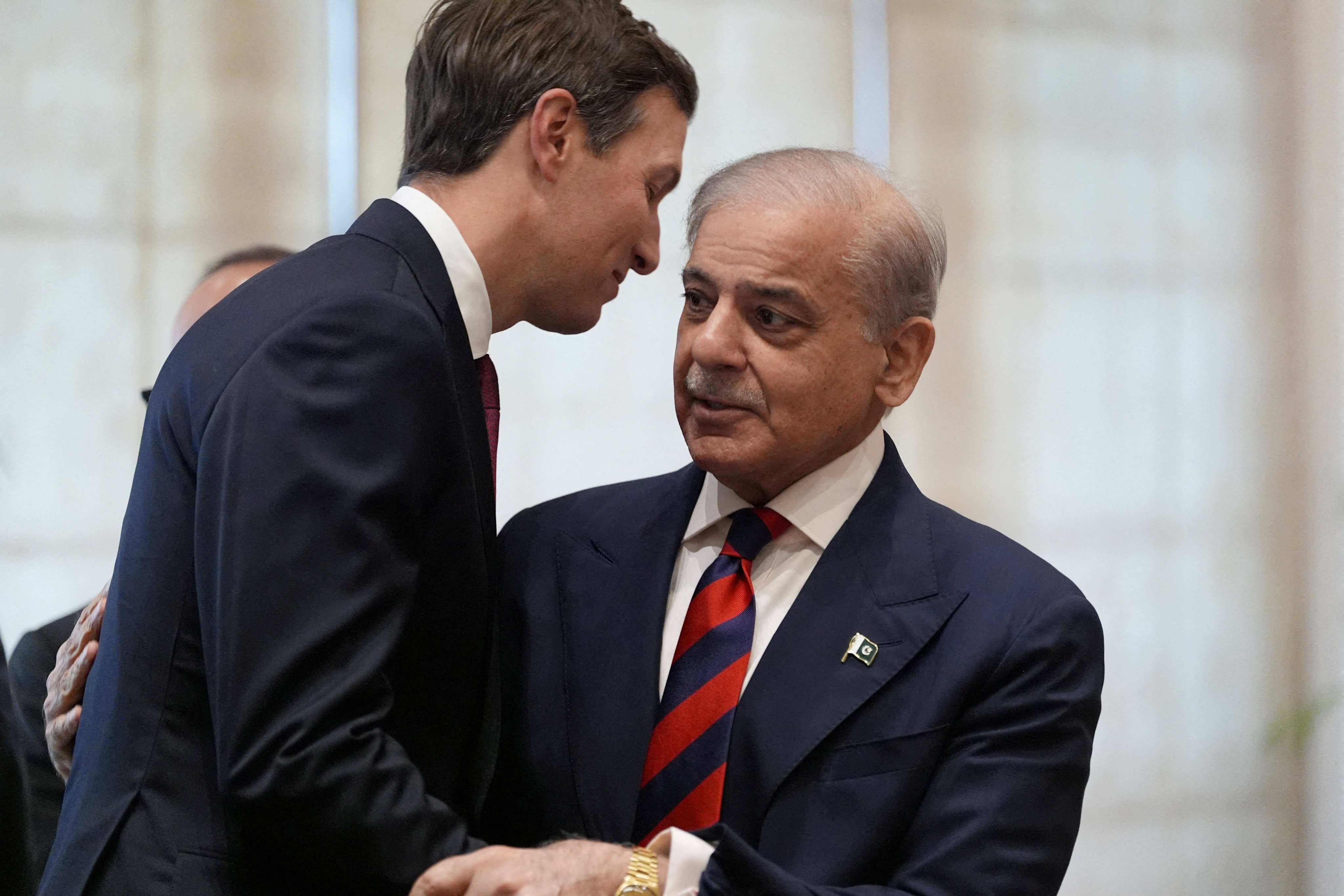 US negotiator Jared Kushner, left, and Pakistan’s Prime Minister Shehbaz Sharif in Islamabad, Pakistan, on Sunday. Photo: Reuters