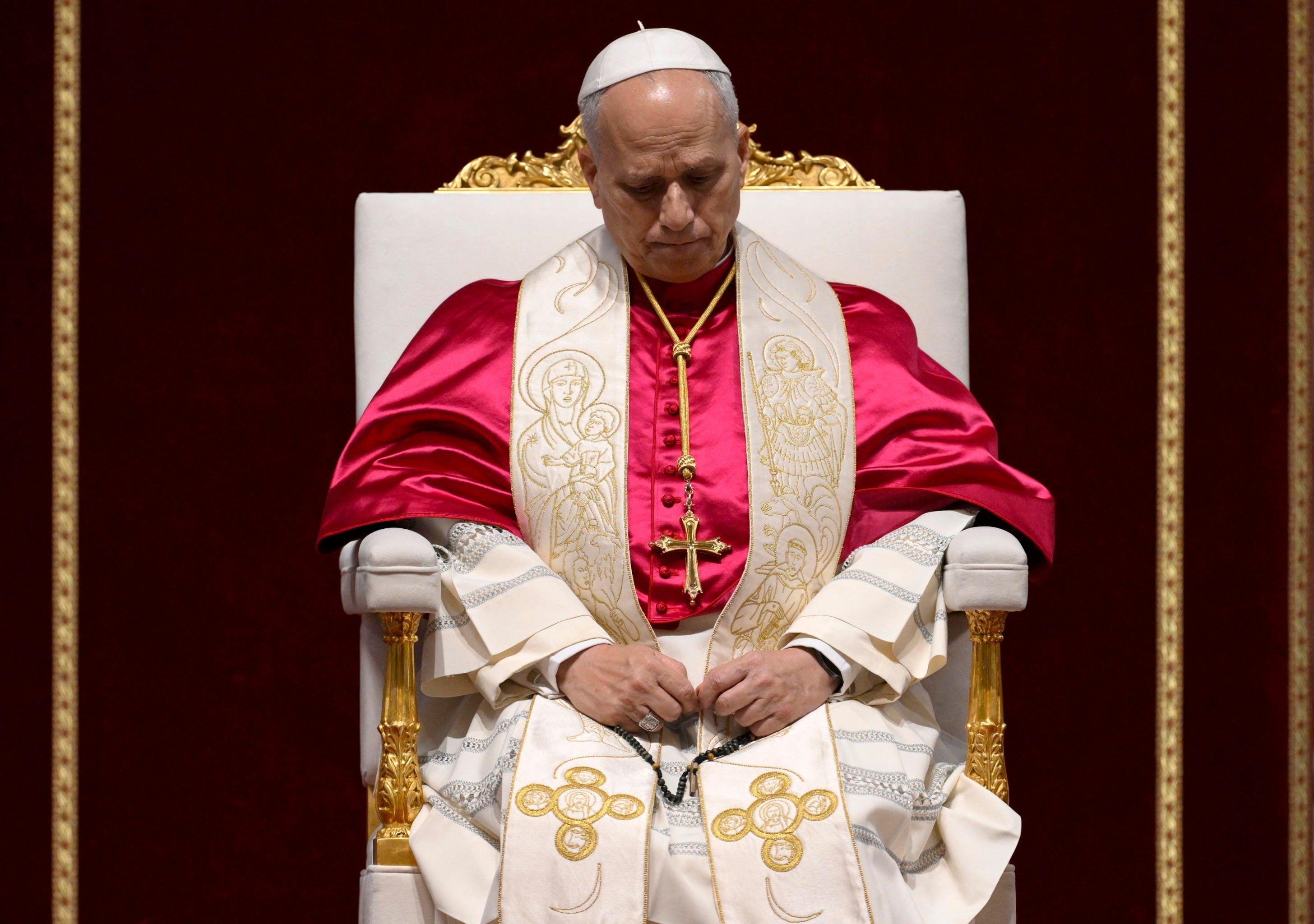 Pope Leo presiding over a prayer service in St Peter’s Basilica on Saturday. Photo: Vatican Media via EPA