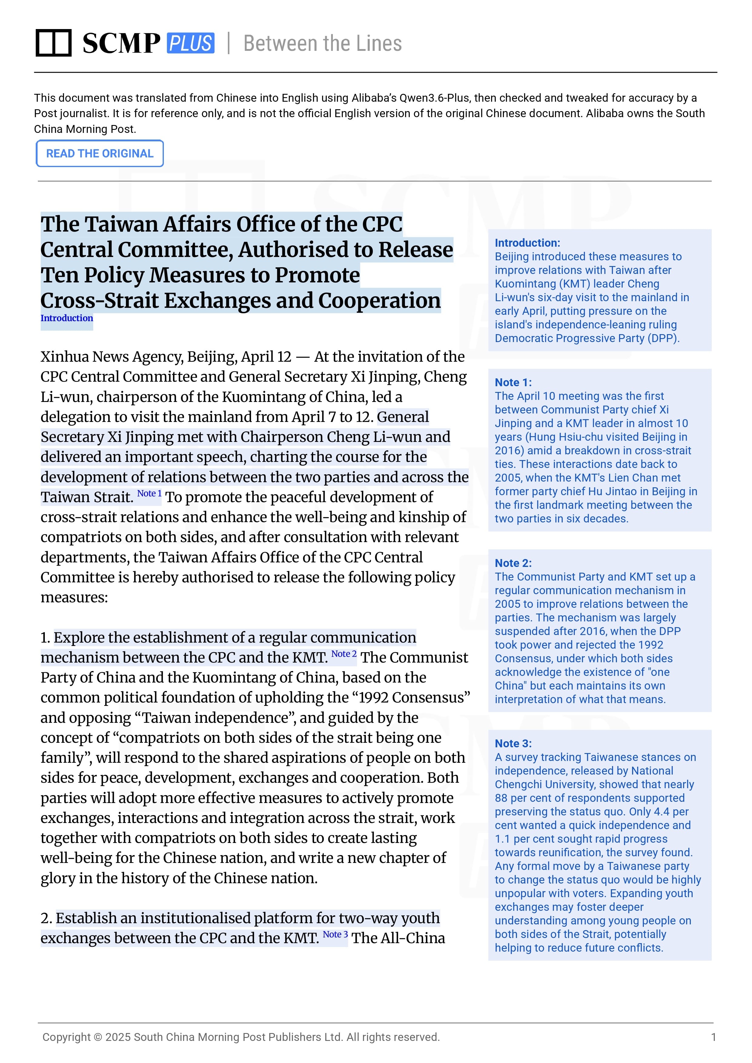 Beijing’s 10 measures to boost cross-strait ties