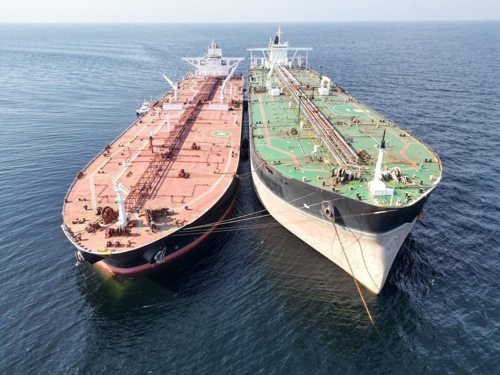 An illegal transfer of oil takes place between two tankers off Penang in December. Photo: Malaysian Maritime Enforcement Agency