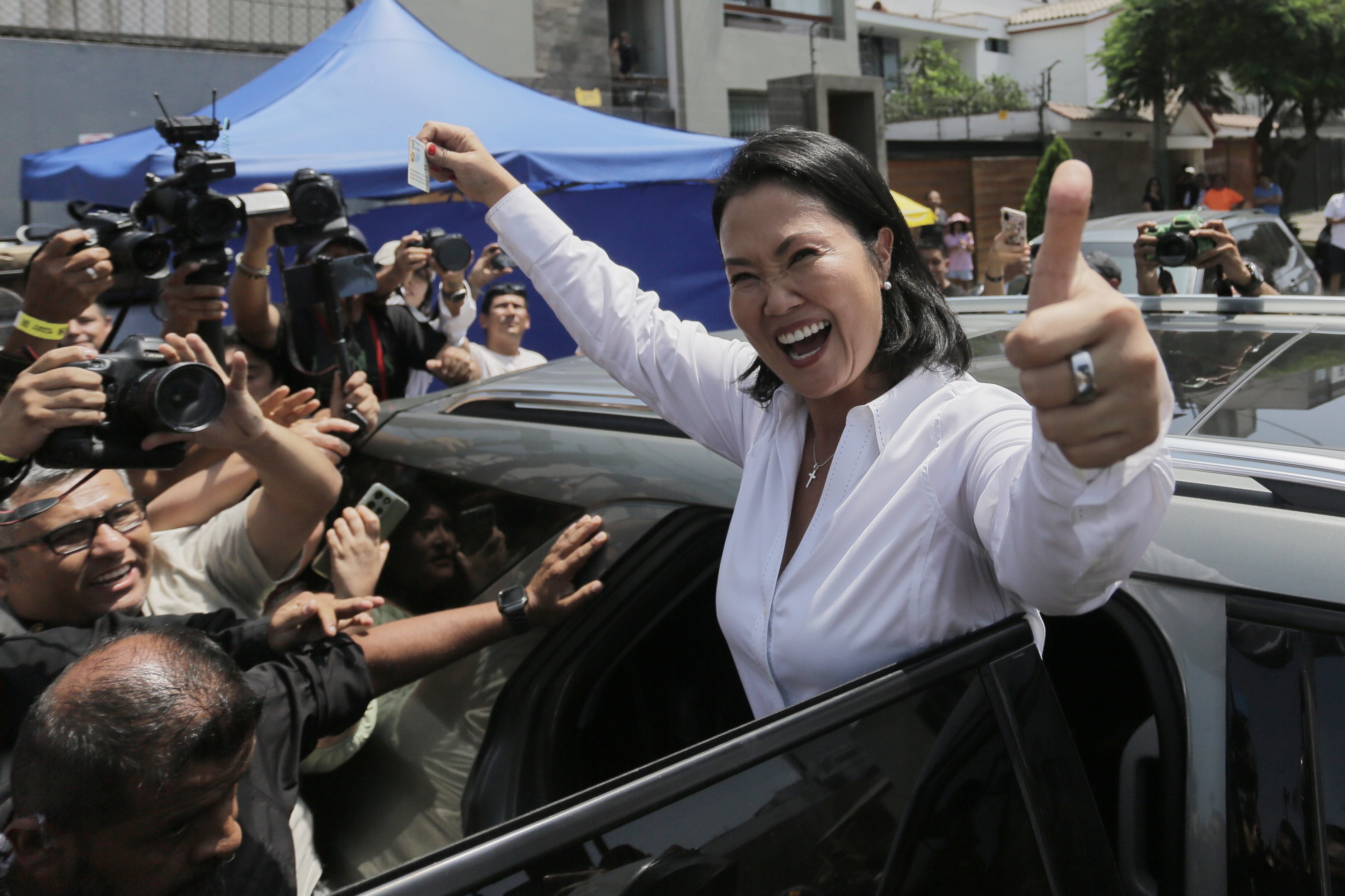 Keiko Fujimori after voting on Sunday. Photo: AP