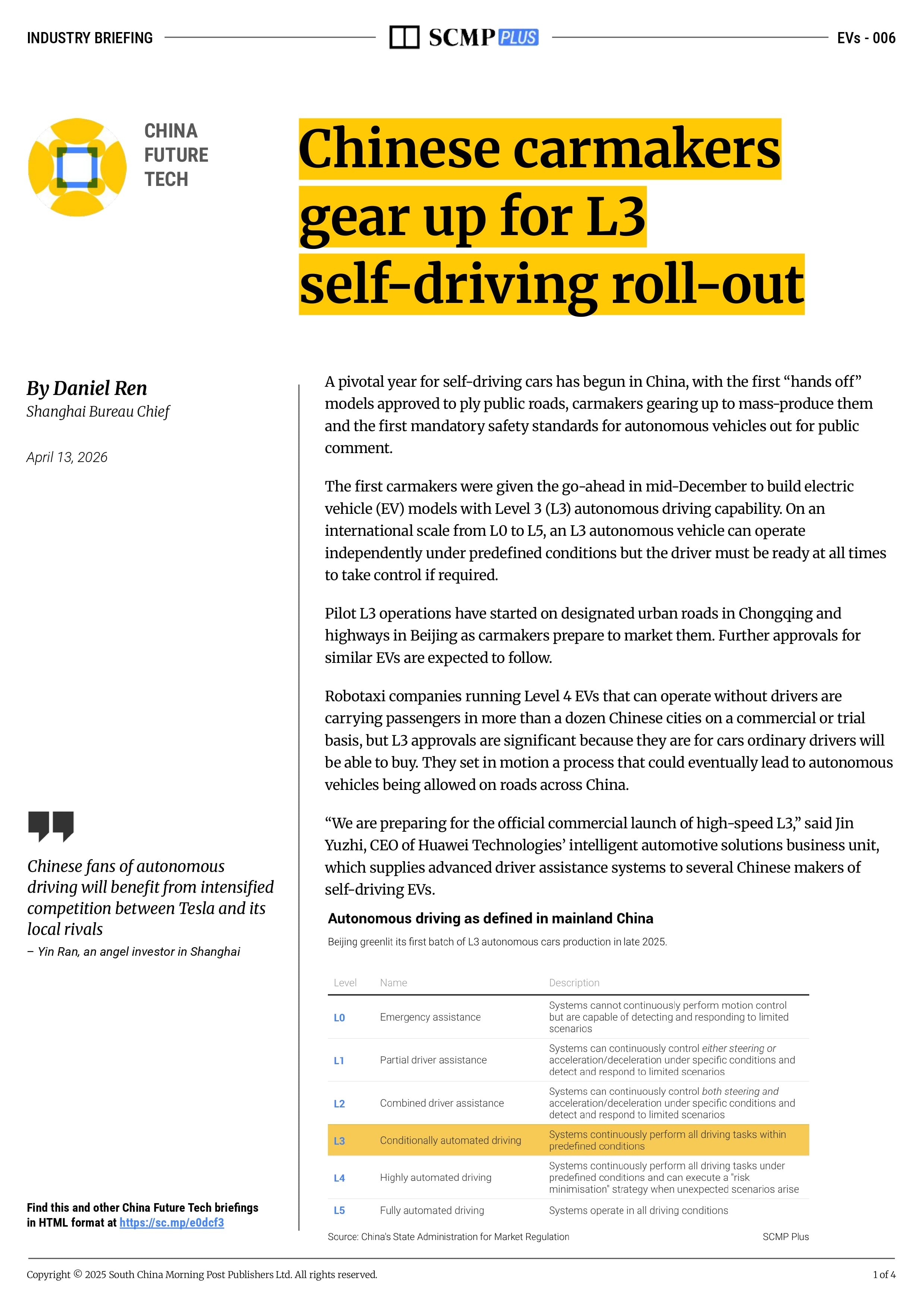 Chinese carmakers gear up for L3 self-driving roll-out