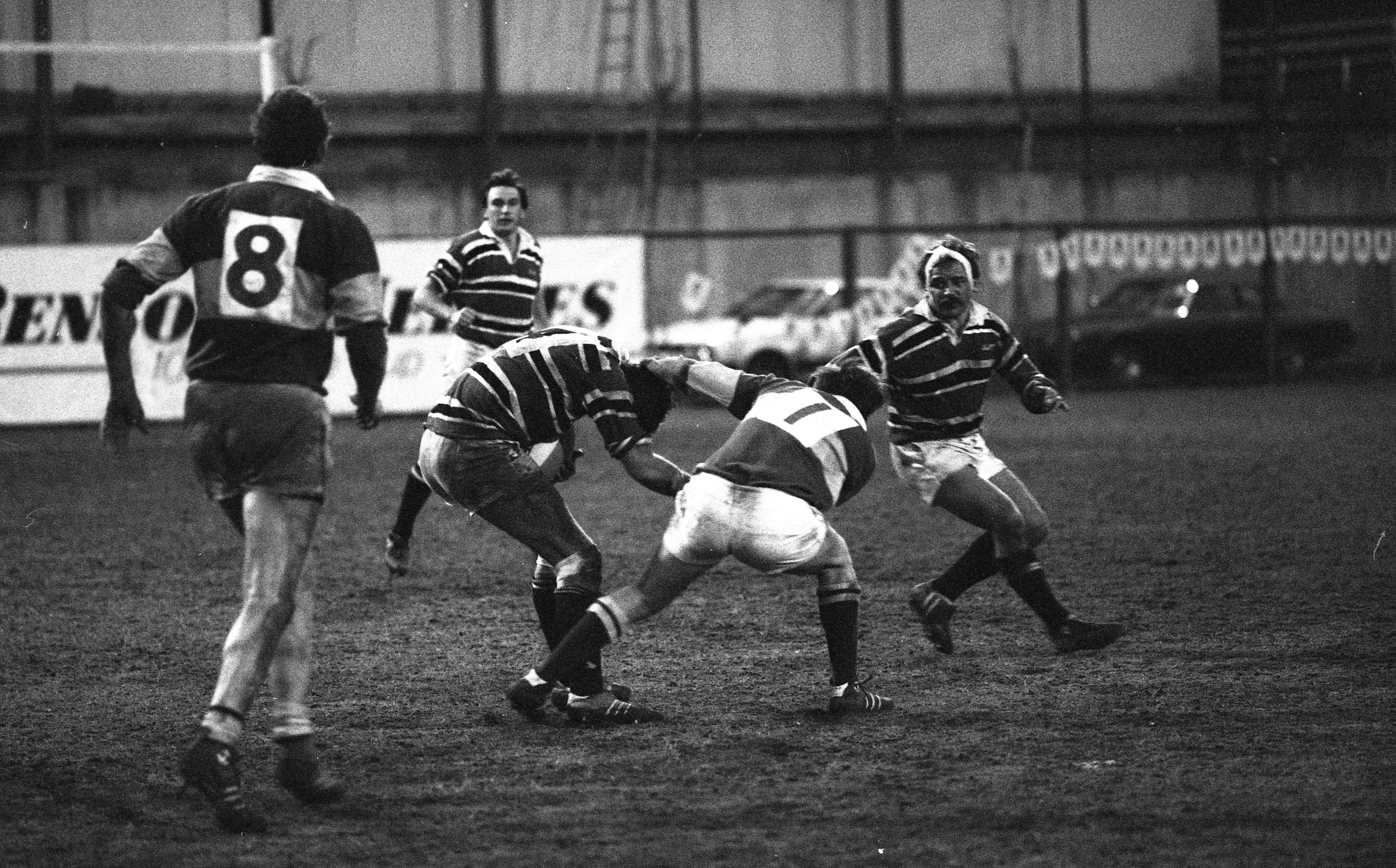 Hong Kong and Askeans RFC players in action during the final of the inaugural HKFC 10s on April 3, 1986. Photo: Sam Chan