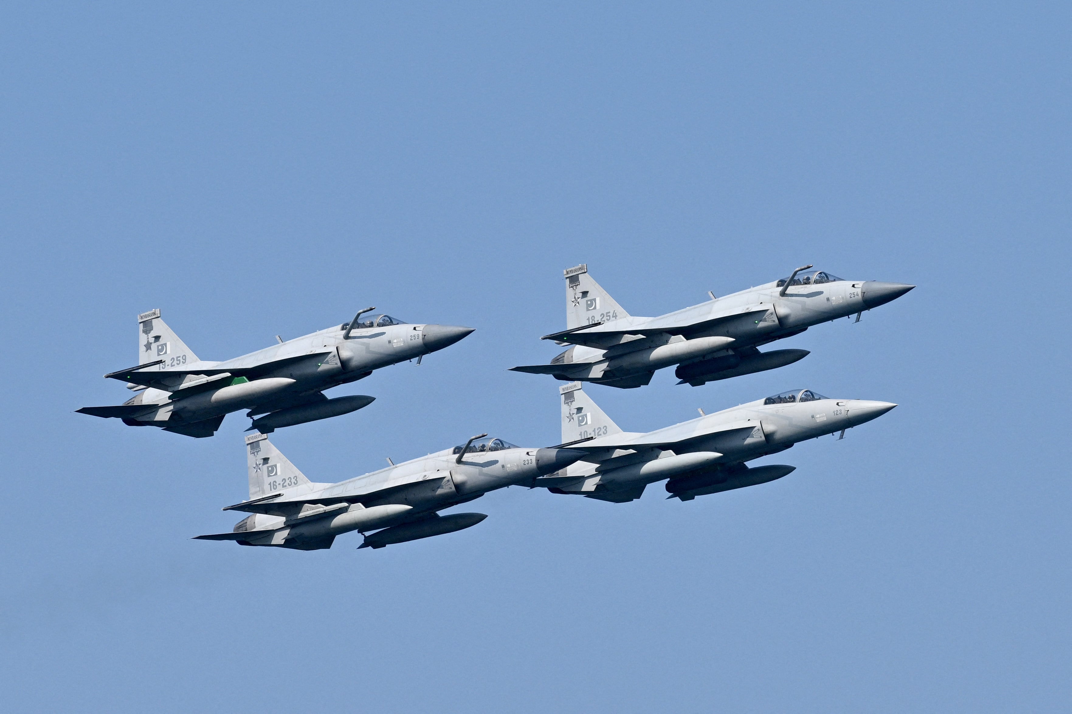 Pakistan Air Force’s JF-17 fighter jets fly past during a multinational naval exercise near Karachi in February 2025. Photo: AFP
