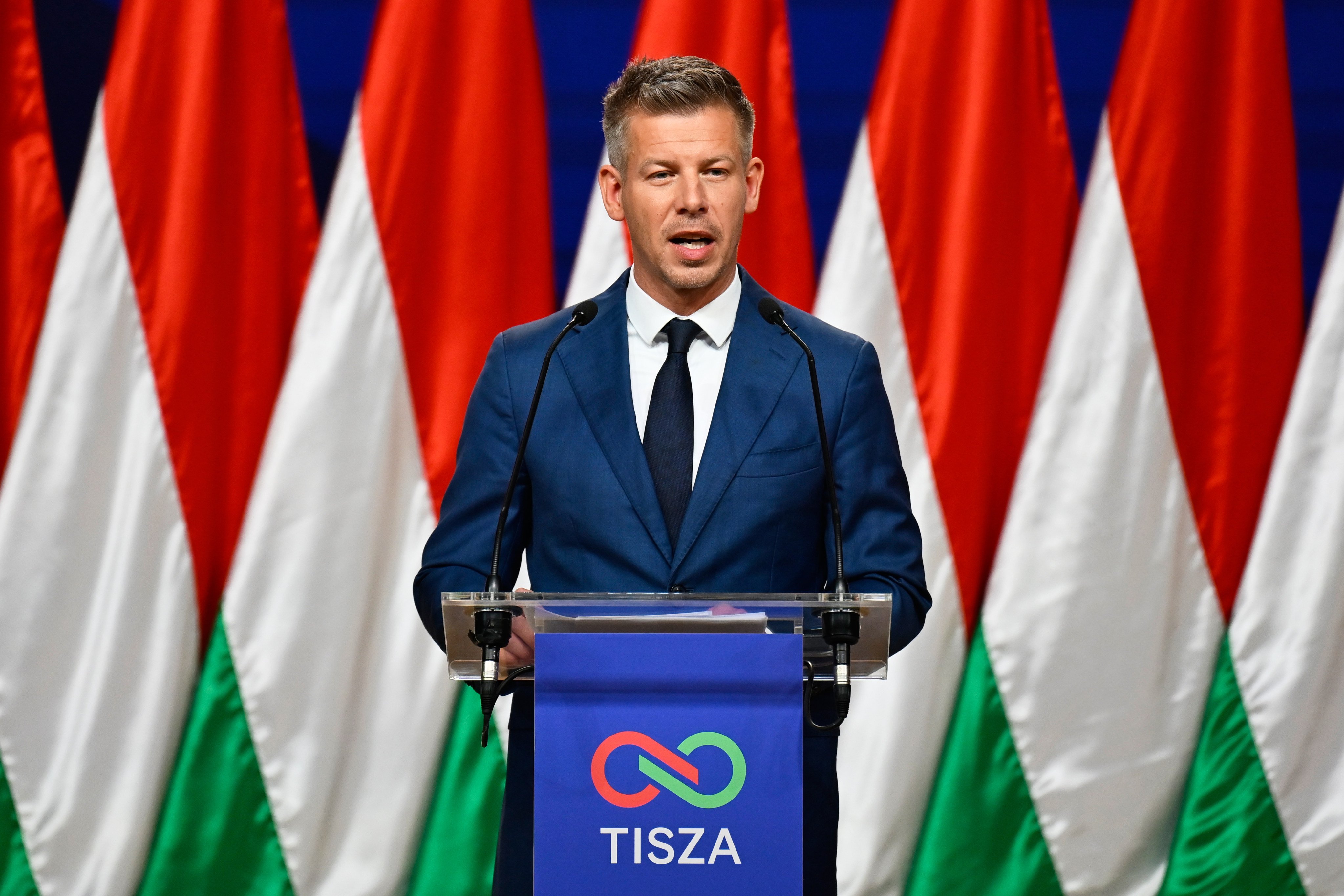 Peter Magyar speaks to the media in Budapest on Monday. Photo: AP