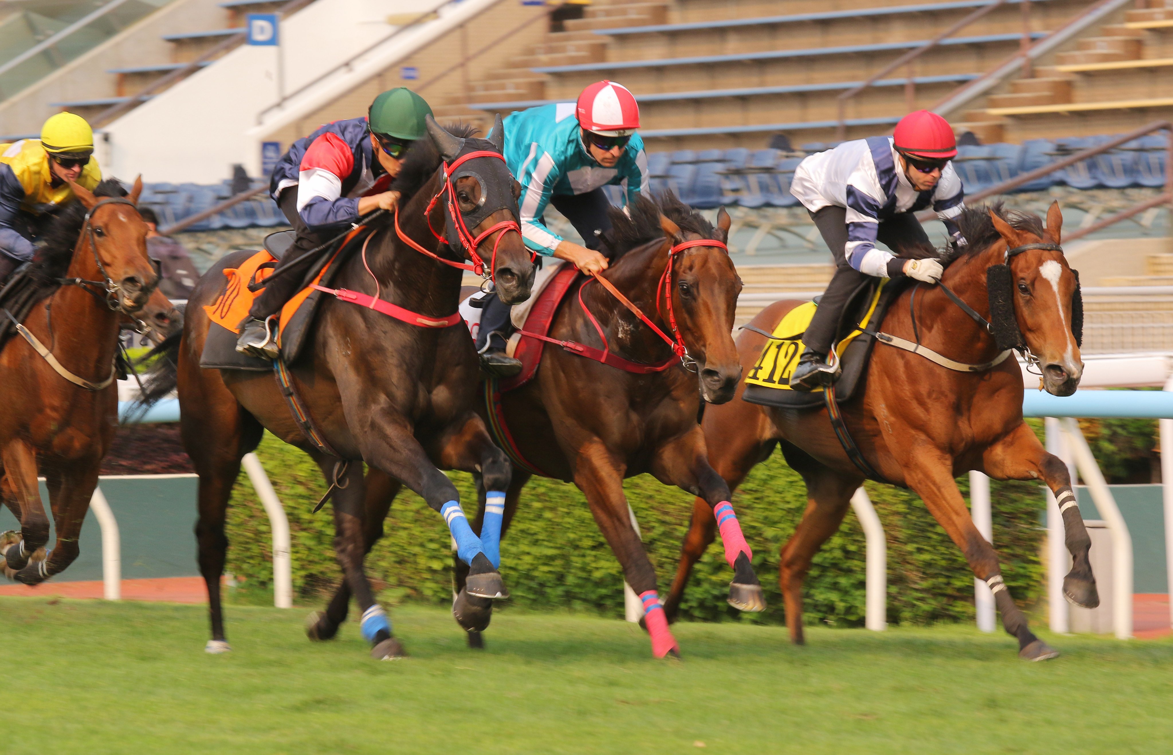 Romantic Warrior (centre), Numbers (left) and Rubylot (right) trial at Sha Tin. Photos: Kenneth Chan.
