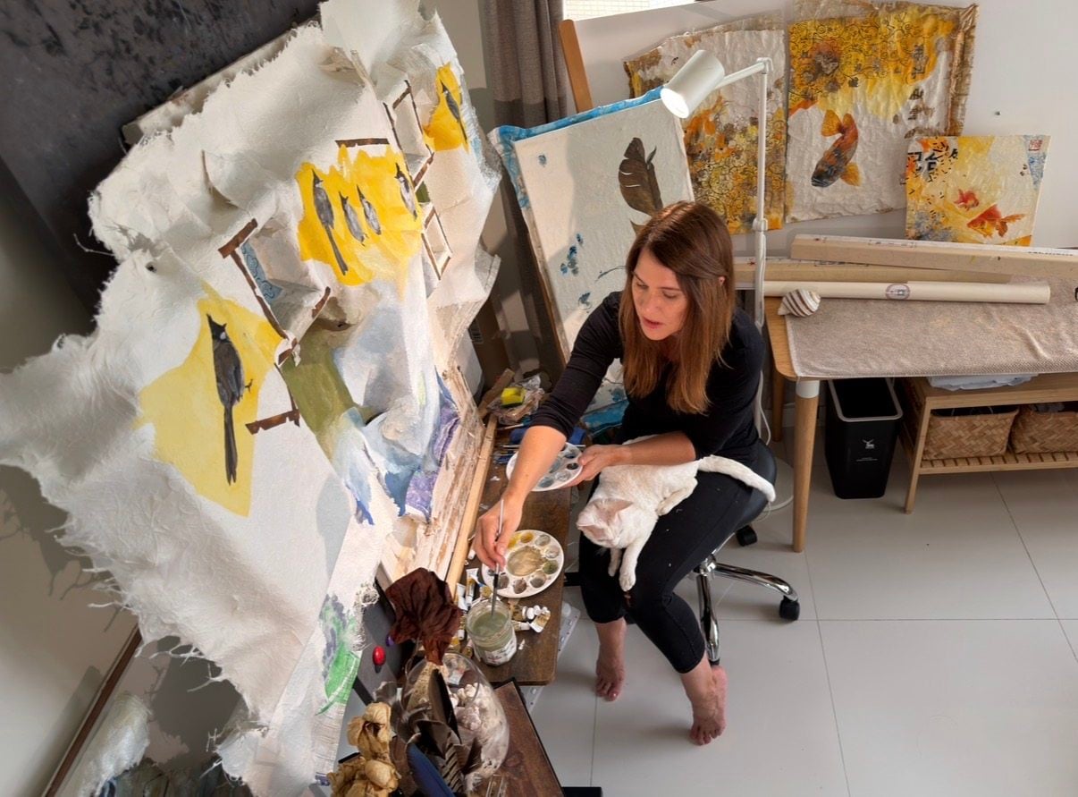 Nissa Kauppila at her home studio in Mui Wo on Hong Kong’s Lantau Island. The Vermont native, who recently became the first non-ethnic-Chinese practitioner accepted into the Hong Kong Artists Association, specialises in painting natural motifs on discarded materials. Photo: Nissa Kauppila